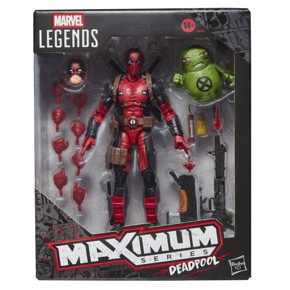 DEADPOOL MAXIMUM SERIES MARVEL LEGENDS. Hasbro introduce en la línea Marvel Legends Maximum Series la figura deluxe de Deadpool, inspirada en el personaje de Marvel. Esta figura articulada de 15 cm cuenta con más de 30 puntos de articulación y diversos accesorios: 1x cabeza alternativa, 8x manos intercambiables, 2x espadas, 1x cuchillo, 1x lanzador, 3x efectos de combate, 1x cartucho de dinamita, 1x chimichanga y 5x armas de fuego. También incluye una figura complementaria de Doop con base transparente. Se presenta en una caja ilustrada con ventana. UNIDADES LIMITADAS.