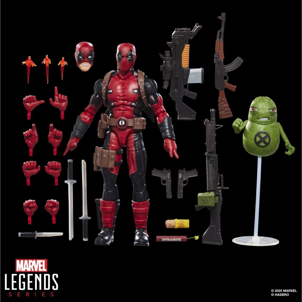 DEADPOOL MAXIMUM SERIES MARVEL LEGENDS. Hasbro introduce en la línea Marvel Legends Maximum Series la figura deluxe de Deadpool, inspirada en el personaje de Marvel. Esta figura articulada de 15 cm cuenta con más de 30 puntos de articulación y diversos accesorios: 1x cabeza alternativa, 8x manos intercambiables, 2x espadas, 1x cuchillo, 1x lanzador, 3x efectos de combate, 1x cartucho de dinamita, 1x chimichanga y 5x armas de fuego. También incluye una figura complementaria de Doop con base transparente. Se presenta en una caja ilustrada con ventana. UNIDADES LIMITADAS.