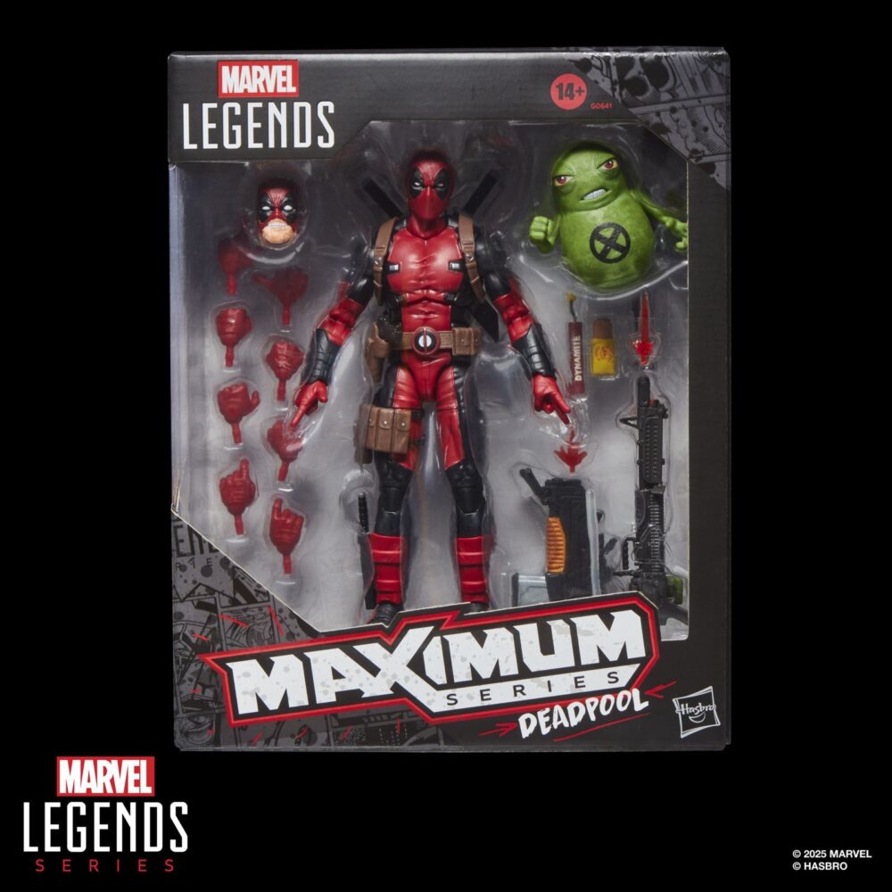 Deadpool maximum series marvel legends. Hasbro introduce en la línea marvel legends maximum series la figura deluxe de deadpool, inspirada en el personaje de marvel. Esta figura articulada de 15 cm cuenta con más de 30 puntos de articulación y diversos accesorios: 1x cabeza alternativa, 8x manos intercambiables, 2x espadas, 1x cuchillo, 1x lanzador, 3x efectos de combate, 1x cartucho de dinamita, 1x chimichanga y 5x armas de fuego. También incluye una figura complementaria de doop con base transparente. Se presenta en una caja ilustrada con ventana. Unidades limitadas.