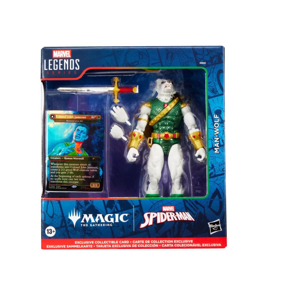MAN-WOLF MARVEL LEGENDS MAGIC: THE GATHERING. Hasbro incorpora a su colección Marvel Legends esta figura de Man-Wolf con daños de batalla, inspirada en el personaje de los comics de Marvel. Con más de 20 puntos de articulación y una altura de 15 cm, cuenta con diferentes accesorios: 2x manos intercambiables, 1x espada sagrada de Stargod, 1x arco, 1x flecha y 1x carcaj. Al tratarse de una colaboración entre Hasbro y Wizards of the Coast se incluye la carta de doble cara metalizada exclusiva "Colonel John Jameson / Man-Wolf" para el juego de cartas coleccionables Magic: The Gathering. Se presenta en una caja ilustrada con ventana. UNIDADES LIMITADAS.