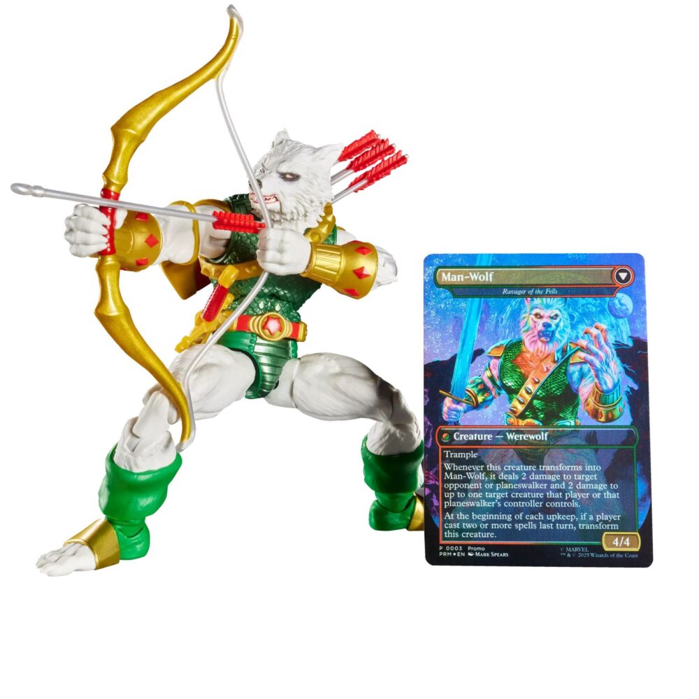 Man-wolf marvel legends magic: the gathering. Hasbro incorpora a su colección marvel legends esta figura de man-wolf con daños de batalla, inspirada en el personaje de los comics de marvel. Con más de 20 puntos de articulación y una altura de 15 cm, cuenta con diferentes accesorios: 2x manos intercambiables, 1x espada sagrada de stargod, 1x arco, 1x flecha y 1x carcaj. Al tratarse de una colaboración entre hasbro y wizards of the coast se incluye la carta de doble cara metalizada exclusiva "colonel john jameson / man-wolf" para el juego de cartas coleccionables magic: the gathering. Se presenta en una caja ilustrada con ventana. Unidades limitadas.