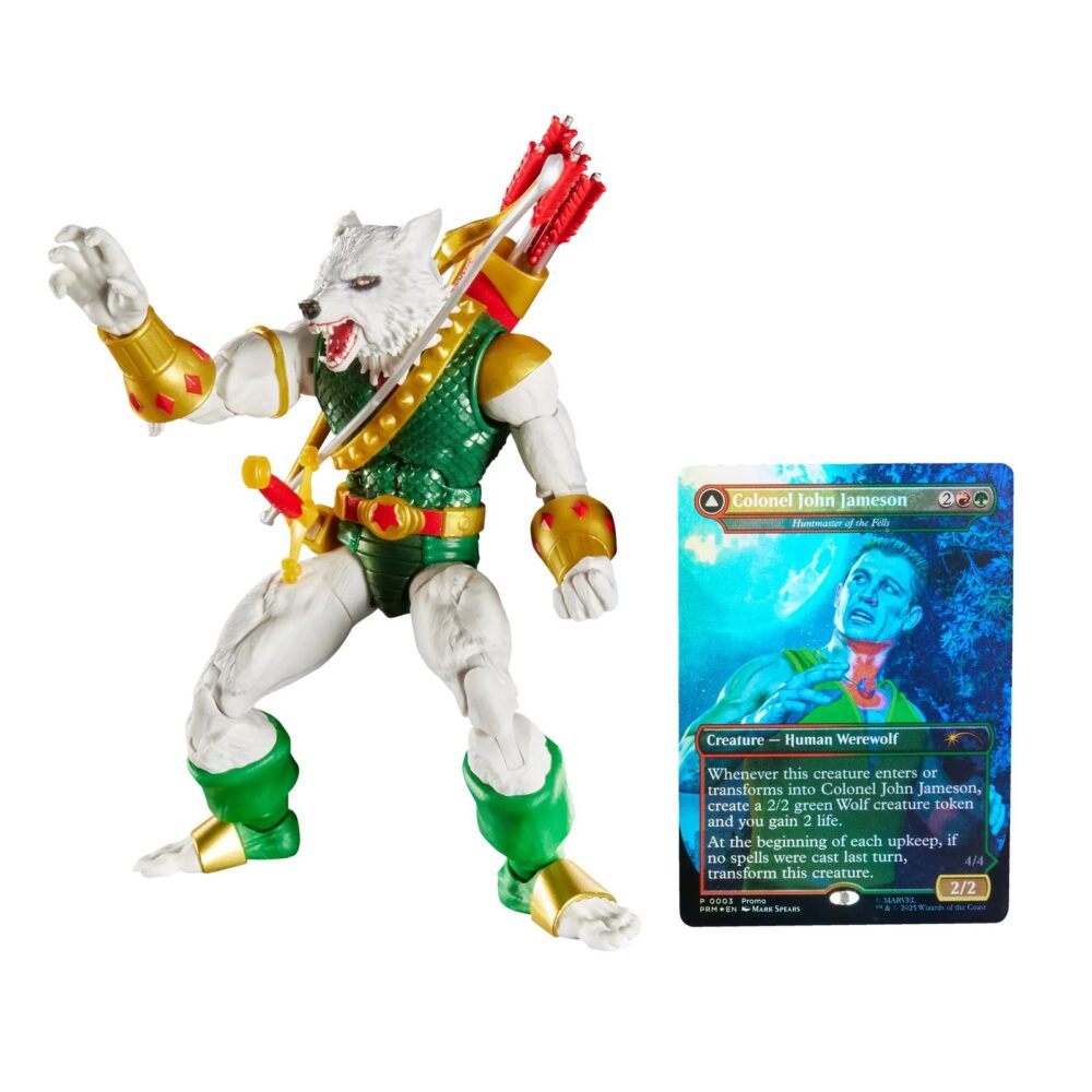 Man-wolf marvel legends magic: the gathering. Hasbro incorpora a su colección marvel legends esta figura de man-wolf con daños de batalla, inspirada en el personaje de los comics de marvel. Con más de 20 puntos de articulación y una altura de 15 cm, cuenta con diferentes accesorios: 2x manos intercambiables, 1x espada sagrada de stargod, 1x arco, 1x flecha y 1x carcaj. Al tratarse de una colaboración entre hasbro y wizards of the coast se incluye la carta de doble cara metalizada exclusiva "colonel john jameson / man-wolf" para el juego de cartas coleccionables magic: the gathering. Se presenta en una caja ilustrada con ventana. Unidades limitadas.