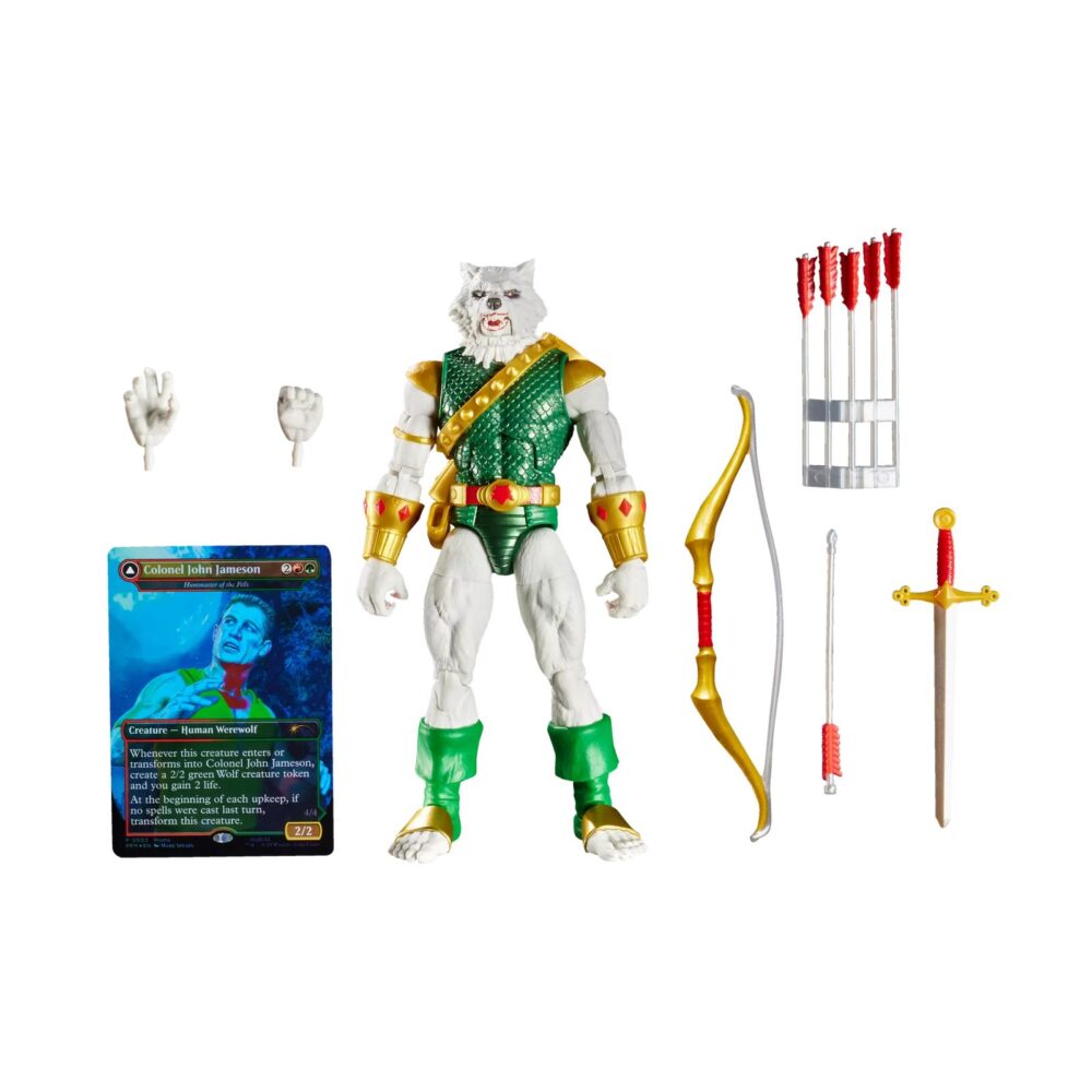 MAN-WOLF MARVEL LEGENDS MAGIC: THE GATHERING. Hasbro incorpora a su colección Marvel Legends esta figura de Man-Wolf con daños de batalla, inspirada en el personaje de los comics de Marvel. Con más de 20 puntos de articulación y una altura de 15 cm, cuenta con diferentes accesorios: 2x manos intercambiables, 1x espada sagrada de Stargod, 1x arco, 1x flecha y 1x carcaj. Al tratarse de una colaboración entre Hasbro y Wizards of the Coast se incluye la carta de doble cara metalizada exclusiva "Colonel John Jameson / Man-Wolf" para el juego de cartas coleccionables Magic: The Gathering. Se presenta en una caja ilustrada con ventana. UNIDADES LIMITADAS.