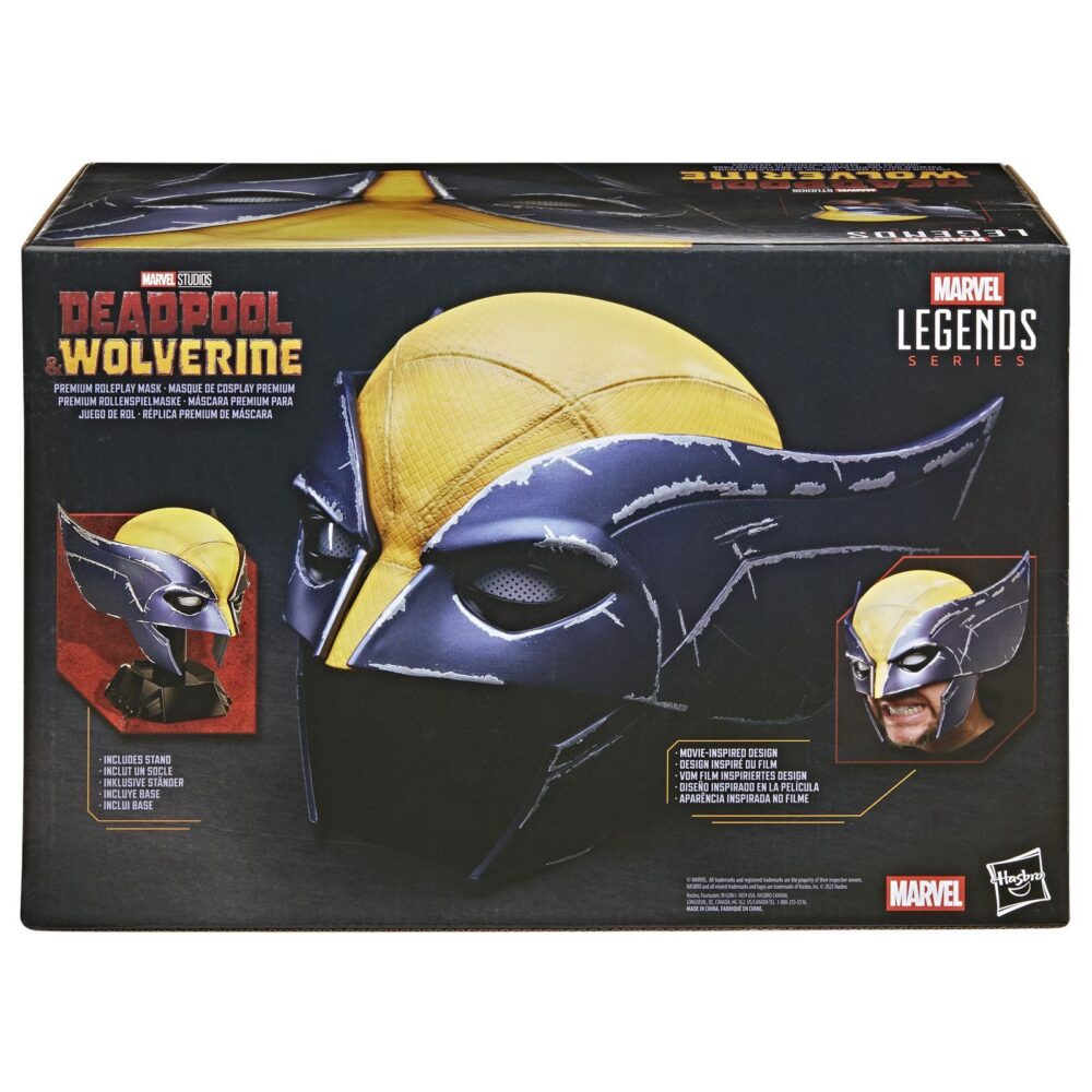 Wolverine premium roleplay mask replica deadpool & wolverine marvel legends series. Hasbro lanza dentro de la colección marvel legends series esta máscara premium de wolverine (conocido como lobezno en españa), inspirada en la que llevaba puesta el personaje en la película "deadpool & wolverine". Se trata de una reproducción a escala 1:1, en colores amarillo y negro y con marcas de deterioro por peleas. Incluye un acolchado interior extraíble para un ajuste cómodo. Puede exhibirse gracias a la base incluida o utilizarse como cosplay. Se presenta en una caja cerrada con diseño inspirado en la película. Unidades limitadas.