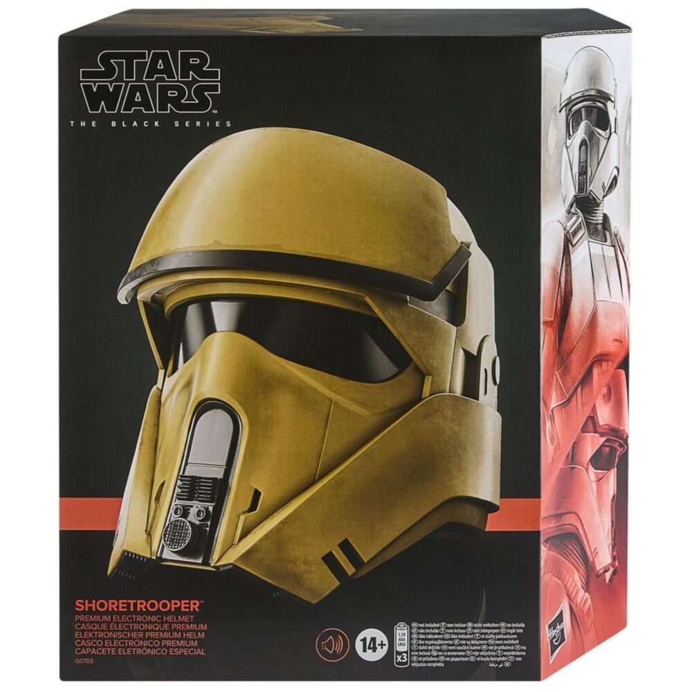SHORETROOPER ELECTRONIC HELMET BLACK SERIES STAR WARS: ANDOR. Hasbro incorpora a su colección The Black Series esta réplica del casco electrónico premium de un Shoretrooper, basado en su aparición en la serie "Star Wars: Andor". Presenta un acabado detallado con diseño desgastado en tonos marrón y negro, además de detalles realistas en su interior. Incluye tecnología de modificación de voz que se activa presionando un botón lateral, permitiendo sonar como un Shoretrooper. Dispone de un sistema interior ajustable para mayor comodidad. Requiere 3x pilas AAA (no incluidas). Incluye manual de instrucciones. Se presenta en una caja ilustrada. UNIDADES LIMITADAS.