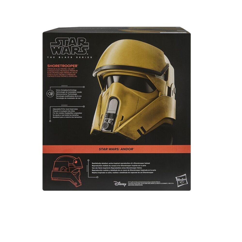 Shoretrooper electronic helmet black series star wars: andor. Hasbro incorpora a su colección the black series esta réplica del casco electrónico premium de un shoretrooper, basado en su aparición en la serie "star wars: andor". Presenta un acabado detallado con diseño desgastado en tonos marrón y negro, además de detalles realistas en su interior. Incluye tecnología de modificación de voz que se activa presionando un botón lateral, permitiendo sonar como un shoretrooper. Dispone de un sistema interior ajustable para mayor comodidad. Requiere 3x pilas aaa (no incluidas). Incluye manual de instrucciones. Se presenta en una caja ilustrada. Unidades limitadas.