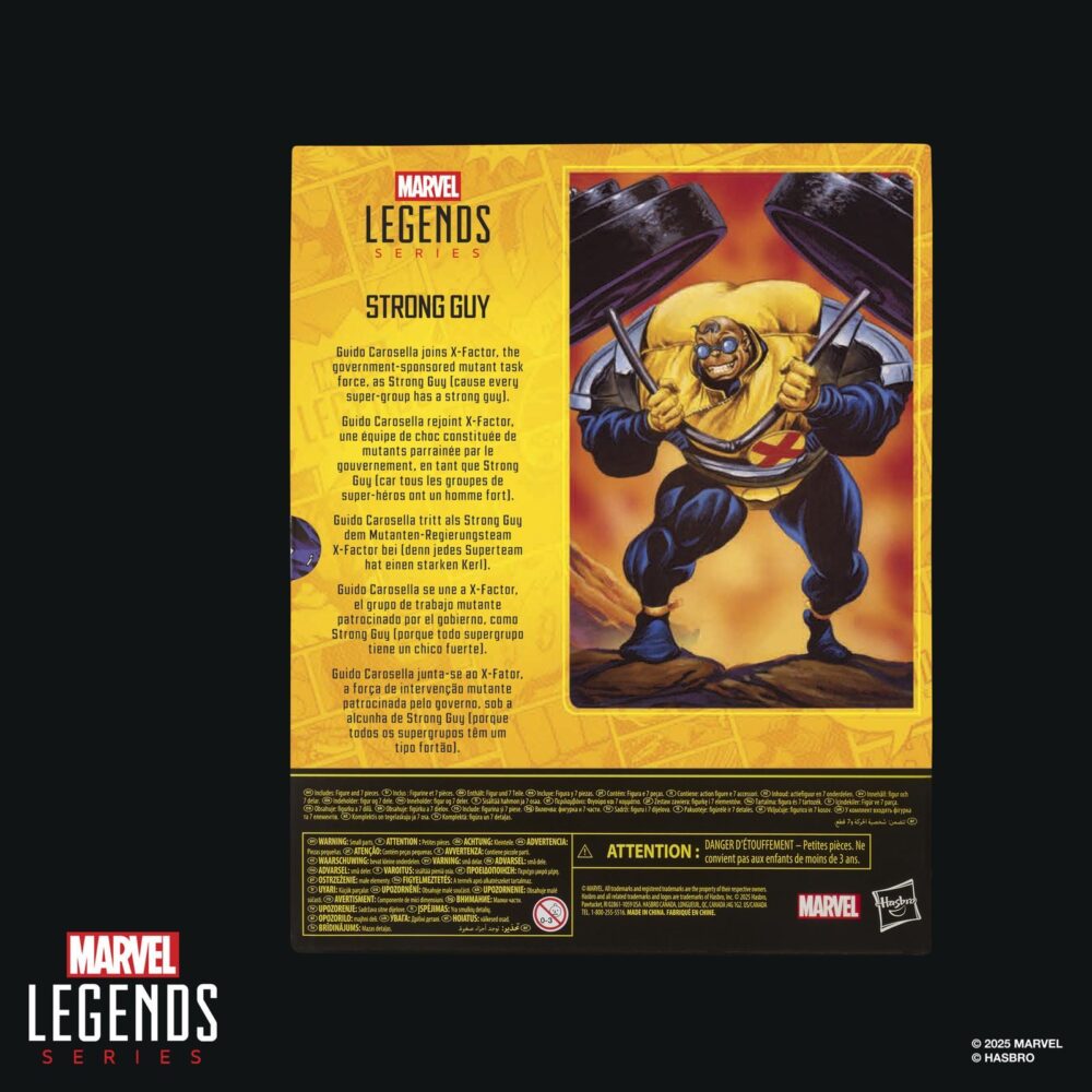 Strong guy x-factor marvel legends series. Hasbro suma a la colección marvel legends series la figura de strong guy (fortachón en españa), inspirada en el personaje de los cómics de "x-factor" de marvel. Con una altura de 15 cm, presenta un diseño detallado y más de 20 puntos de articulación para recrear poses dinámicas. Incluye 1x cabeza alternativa, 3x manos intercambiables, 1x haltera y 2x pesas. Viene en una caja con ventana para exhibición. Unidades limitadas.