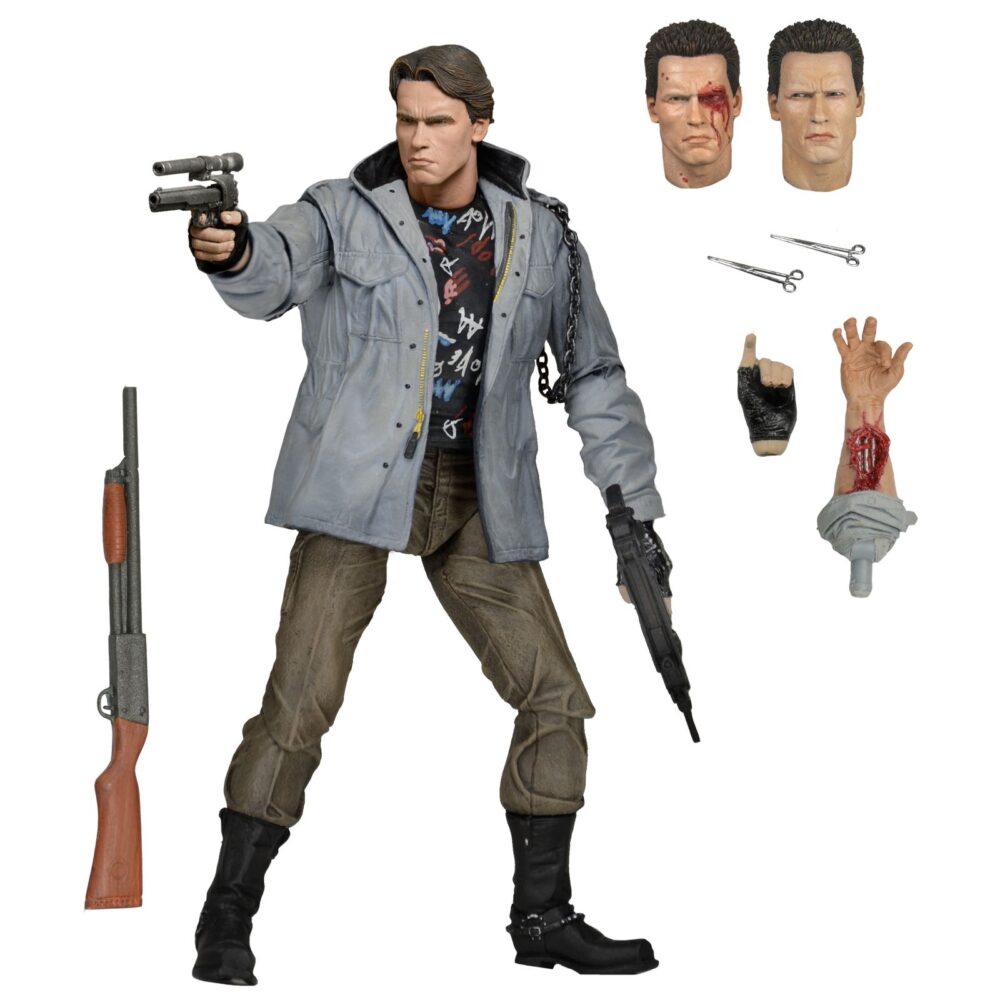 Ultimate t-800 (tech noir) the terminator. Neca incorpora a su catálogo ultimate la figura del t-800 basado en su personaje en la película original de 1984 interpretado por arnold schwarzenegger, "the terminator". Este modelo, en su versión tech noir mide aproximadamente 18 cm y presenta más de 25 puntos de articulación. Incluye 3x cabezas intercambiables, 1x antebrazo derecho alternativo, 1x mano intercambiable, 2x herramientas quirúrgicas y un arsenal de armas. La figura luce el icónico atuendo punk con cadena metálica, fiel al diseño visto en la escena del club nocturno tech noir. Se presenta en una caja con ventana.