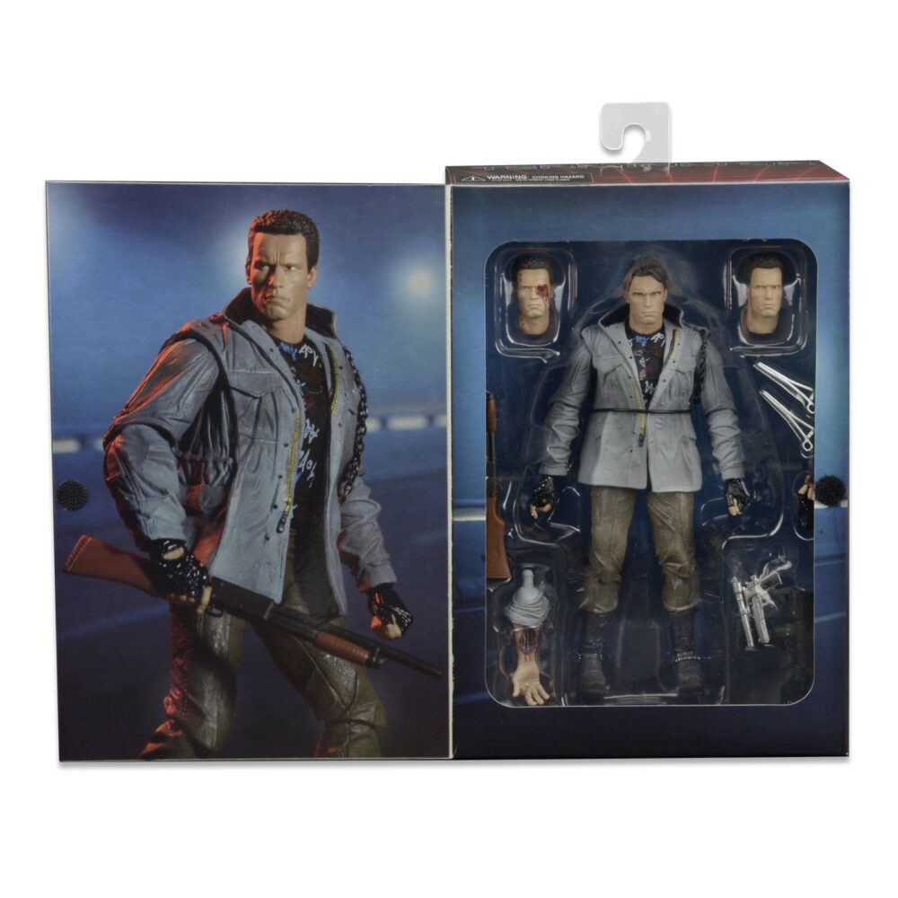 Ultimate t-800 (tech noir) the terminator. Neca incorpora a su catálogo ultimate la figura del t-800 basado en su personaje en la película original de 1984 interpretado por arnold schwarzenegger, "the terminator". Este modelo, en su versión tech noir mide aproximadamente 18 cm y presenta más de 25 puntos de articulación. Incluye 3x cabezas intercambiables, 1x antebrazo derecho alternativo, 1x mano intercambiable, 2x herramientas quirúrgicas y un arsenal de armas. La figura luce el icónico atuendo punk con cadena metálica, fiel al diseño visto en la escena del club nocturno tech noir. Se presenta en una caja con ventana.