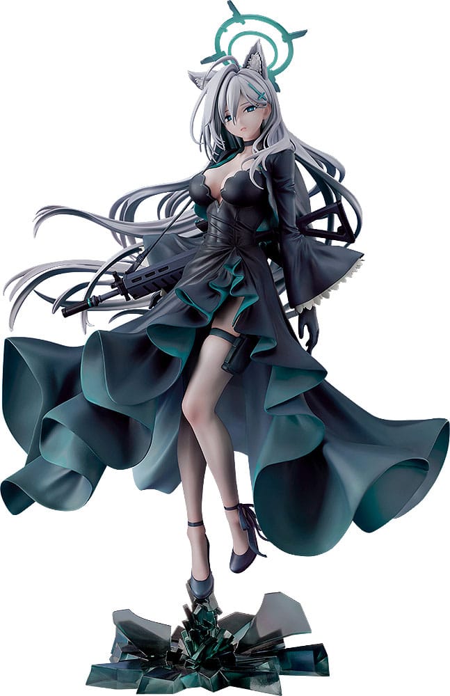Shiroko sunaookami terror blue archive 1/7. Good smile company presenta la figura de shiroko sunaookami terror, la antagonista del videojuego "blue archive". Mide aproximadamente 30 cm de alto a escala 1/7 y presenta al cruel personaje con el vestido y pelo ondeantes que le dan dinamismo. El halo y su rifle de asalto black fang 465 han sido fielmente reproducidos. Cuenta con una base que imita a una formación cristalina que le da estabilidad.