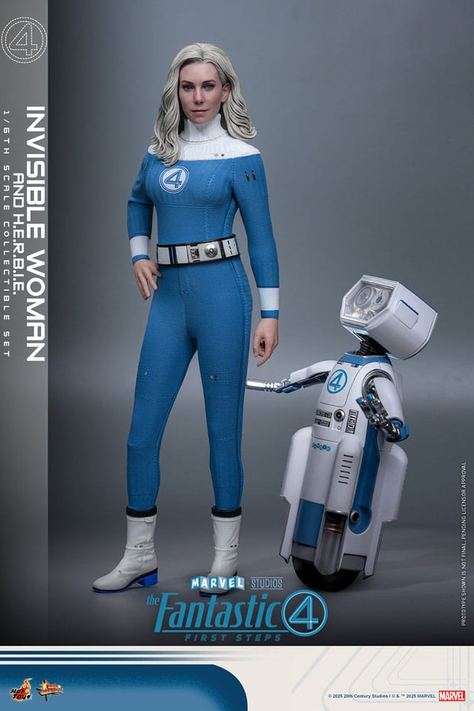 Invisible woman & h. E. R. B. I. E. The fantastic four: first steps hot toys 1/6.  "los cuatro fantásticos: primeros pasos" de marvel studios se estrenará próximamente. Esta elegante película retrofuturista de los años 60 no solo presenta emocionantes aventuras de superhéroes, sino que también revela los profundos lazos familiares del equipo al unirse para enfrentar amenazas cósmicas. El fiel compañero robótico, herbie, comparte una conexión especial con la familia. Este ingenioso pequeño ayuda en casa y ayuda a la mujer invisible a cuidar a sus hijos. Es un asistente importante y un buen amigo para la familia, aportando un gran optimismo al grupo. Hoy, hot toys se complace en presentar el set coleccionable a escala 1/6 de la mujer invisible y herbie. Este set incluye una figura coleccionable a escala 1/6 de la mujer invisible y una figura coleccionable a escala 1/6 de herbie. La figura de la mujer invisible presenta una cabeza de nuevo desarrollo con ojos giratorios y un cabello rubio hielo meticulosamente esculpido que refleja el parecido de vanessa kirby. Viste su uniforme retrofuturista de los cuatro fantásticos, con cinturón y botas a juego.