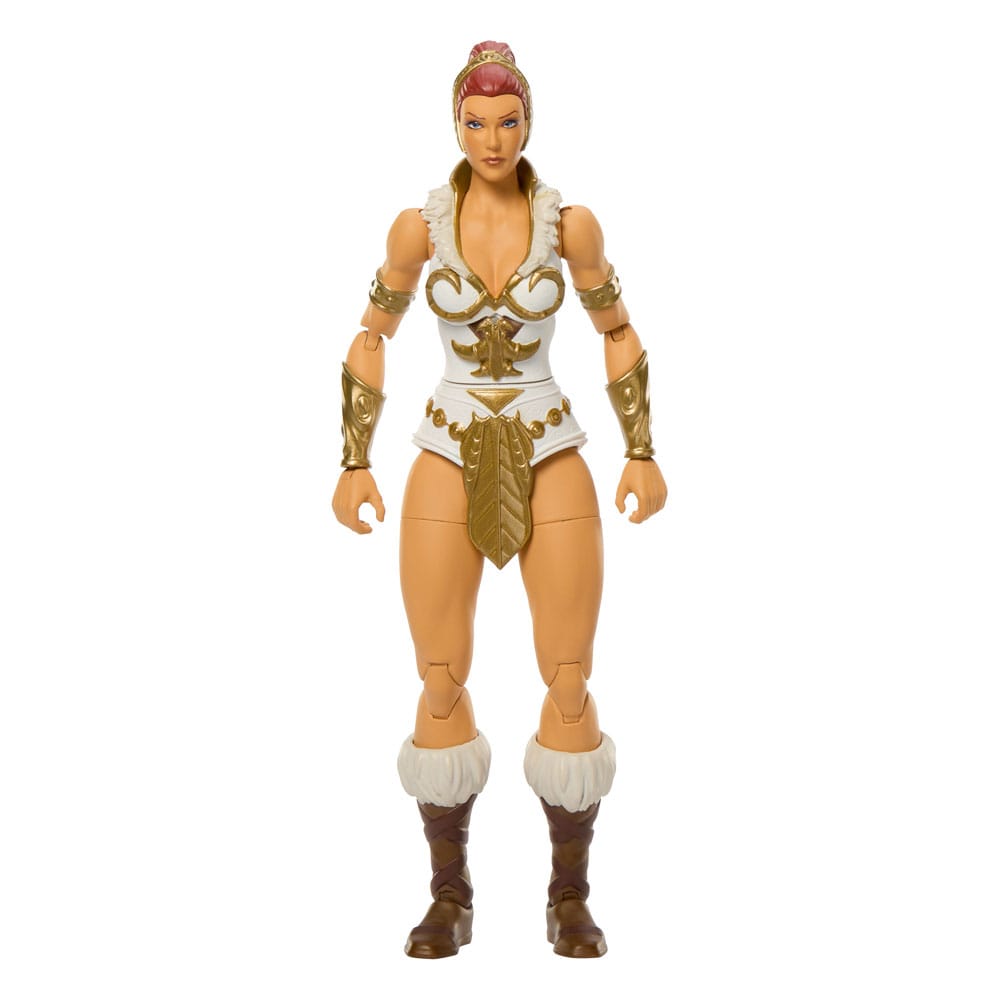Teela masters of the universe new eternia masterverse.  esta figura de acción motu masterverse de teela está lista para la batalla al estilo de nueva eternia. La diosa guerrera heroica de masters of the universe está diseñada a escala de 18 cm con 30 puntos de articulación. Además de una armadura de cabeza de cobra extraíble, incluye una lanza inspirada en las primeras ilustraciones de mark taylor, un bastón con cabeza de cobra, un escudo y un par de manos intercambiables. Presenta el alto nivel de detalle que exigen los coleccionistas y se presenta en una elegante caja con ventana, ideal para exhibir. Esta teela de nueva eternia es una gran adición a cualquier colección de masters del universo; ideal para fans de motu a partir de 6 años. Los colores y las decoraciones pueden variar.