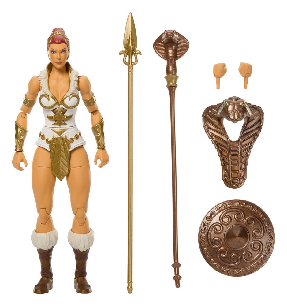 Teela masters of the universe new eternia masterverse.  esta figura de acción motu masterverse de teela está lista para la batalla al estilo de nueva eternia. La diosa guerrera heroica de masters of the universe está diseñada a escala de 18 cm con 30 puntos de articulación. Además de una armadura de cabeza de cobra extraíble, incluye una lanza inspirada en las primeras ilustraciones de mark taylor, un bastón con cabeza de cobra, un escudo y un par de manos intercambiables. Presenta el alto nivel de detalle que exigen los coleccionistas y se presenta en una elegante caja con ventana, ideal para exhibir. Esta teela de nueva eternia es una gran adición a cualquier colección de masters del universo; ideal para fans de motu a partir de 6 años. Los colores y las decoraciones pueden variar.