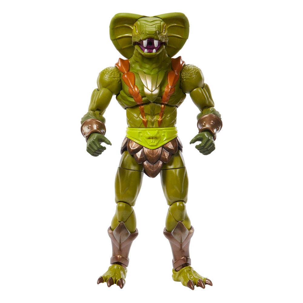 Kobra khan masters of the universe new eternia masterverse.  ¡es un momento emocionante para ser fan de masters of the universe! Tanto para los fans de toda la vida como para la nueva generación de niños amantes de la acción y la aventura, es hora de descubrir la emocionante acción y las aventuras de he-man, skeletor, los secretos del castillo grayskull y mucho más. Esta figura de acción motu masterverse de kobra khan, el malvado maestro de las serpientes, tiene el estilo de nueva eternia. Diseñado a escala de 18 cm con 30 puntos de articulación, ofrece el alto nivel de detalle que esperan los coleccionistas, incluyendo un efecto de ojo de cristal y mandíbula articulada. El guerrero malvado puede tener el aspecto de kobra khan o camo khan, con capucha de cobra extraíble, emblema pectoral de los hombres serpiente y manos con garras intercambiables. Está armado con una maza, un bláster y un efecto de explosión de veneno que se ajusta a su boca. La figura se presenta en una elegante caja con ventana, ideal para exhibir. Esta figura de kobra khan es una gran adición a cualquier colección de masters del universo; apta para fans de motu a partir de 6 años. Los colores y la decoración pueden variar.