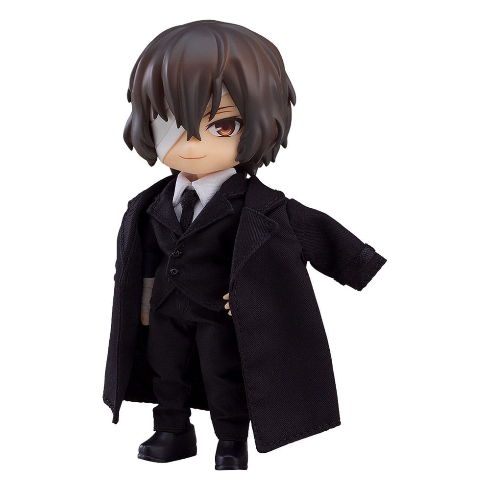 Osamu dazai: dark era bungo stray dogs nendoroid doll. Orange rouge presenta dentro de su línea nendoroid doll la figura articulada de osamu dazai vestido con su atuendo de ejecutivo de la mafia portuaria. Esta figura del personaje del anime "bungo stray dogs" mide 14 cm de altura y, como todas las figuras de esta línea, incluye prendas de ropa además de otros accesorios: 1x traje de dos piezas con camisa y corbata, 1x gabardina, 1x zapatos con suela imantada, 1x base magnética cuadrada con soporte para exposición y otras piezas intercambiables para su exhibición.