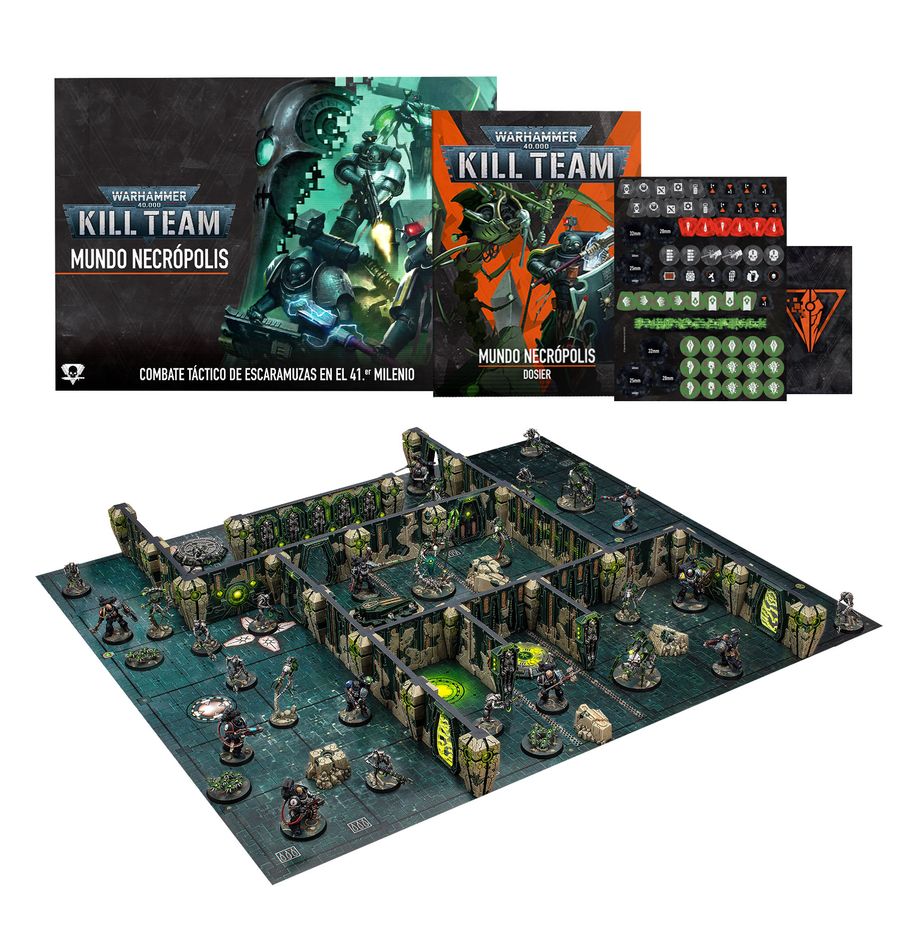 Kill team: tomb world warhammer 40000. El aparentemente desolado planeta somneft esconde una amenaza latente: una tumba necrona que los vigías de la muerte han jurado aplastar antes de que pueda levantarse. Los comandos de hermanos de batalla se abren paso al interior, tratando de establecer la verdadera magnitud de la amenaza sin desencadenar un despertar catastrófico que aniquilaría mundos. Sin embargo, la estructura no está totalmente inactiva. Una criptecnóloga excéntrica, activa durante milenios y ayudada por su séquito sin mente, ha manipulado los estratos de la tumba para sus propios fines. Demente y psicótica, persigue a su vez a los vigías invasores, viendo en ellos una nueva fuente de experimentación. Esta explosiva expansión de kill team enfrenta a dos comandos de agentes de élite entre las ruinas ancestrales de una cripta necrona. En la caja encontrarás dos escuadras de marines espaciales cazadores de xenos de los vigías de la muerte, especialistas consagrados a cazar amenazas xenos en nombre de la inquisición, así como una extraña criptecnóloga insectoide y su hueste de constructos, otrora destinados a reparar la aletargada maquinaria de los necrones. También incluye una zona de aniquilación con terreno necrón, las reglas para las que jugar en sus claustrofóbicos pasillos y un conjunto de marcadores y tarjetas que te ayudarán a llevar la cuenta de todo. Además de todo lo anterior, la caja trae guerreros necrones, enjambres de escarabajos y packs de misiones con los que librar escaramuzas en esta necrópolis despertada. Juega solo, con un compañero o contra otro comando mientras los agentes no jugadores amenazan vuestra misión.