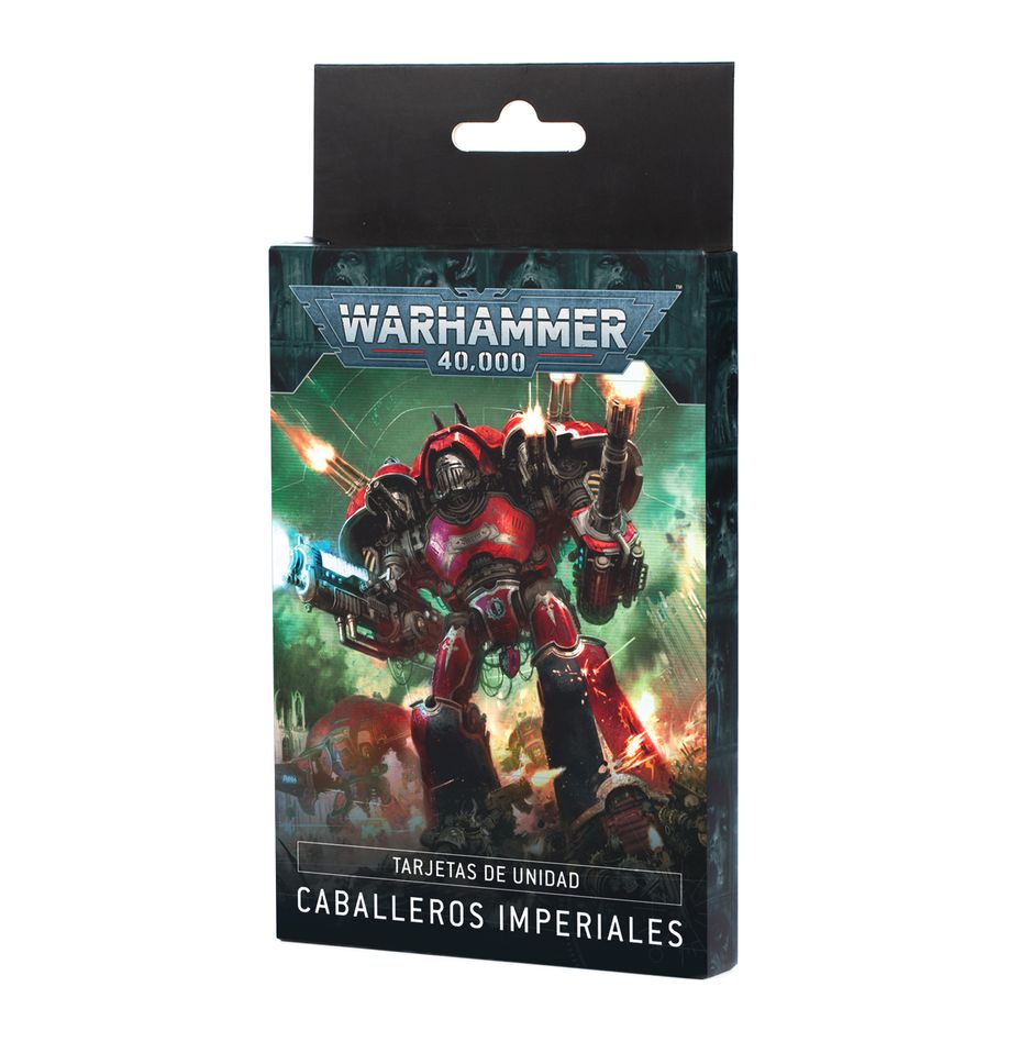 Datasheet cards: imperial knights (español) warhammer 40000. La mera idea de enfrentarse a los caballeros imperiales, poderosas máquinas de guerra con suficiente potencia de fuego para aniquilar una fuerza de choque completa, resulta aterradora. Todas sus configuraciones son igual de mortíferas y hacen honor a la contrastada eficacia de sus casas sobre el campo de batalla. Este set de 13 tarjetas te ayudará a llevar el control de tus temibles caballeros imperiales en partidas de warhammer 40,000. Encontrarás tarjetas de datos individuales para cada configuración de caballero imperial, donde se detallan sus perfiles, opciones de equipo y habilidades especiales. Son una forma práctica de consultar información clave en el fragor de la batalla. También se incluye una tarjeta de referencia con las reglas de ejército de los caballeros imperiales.