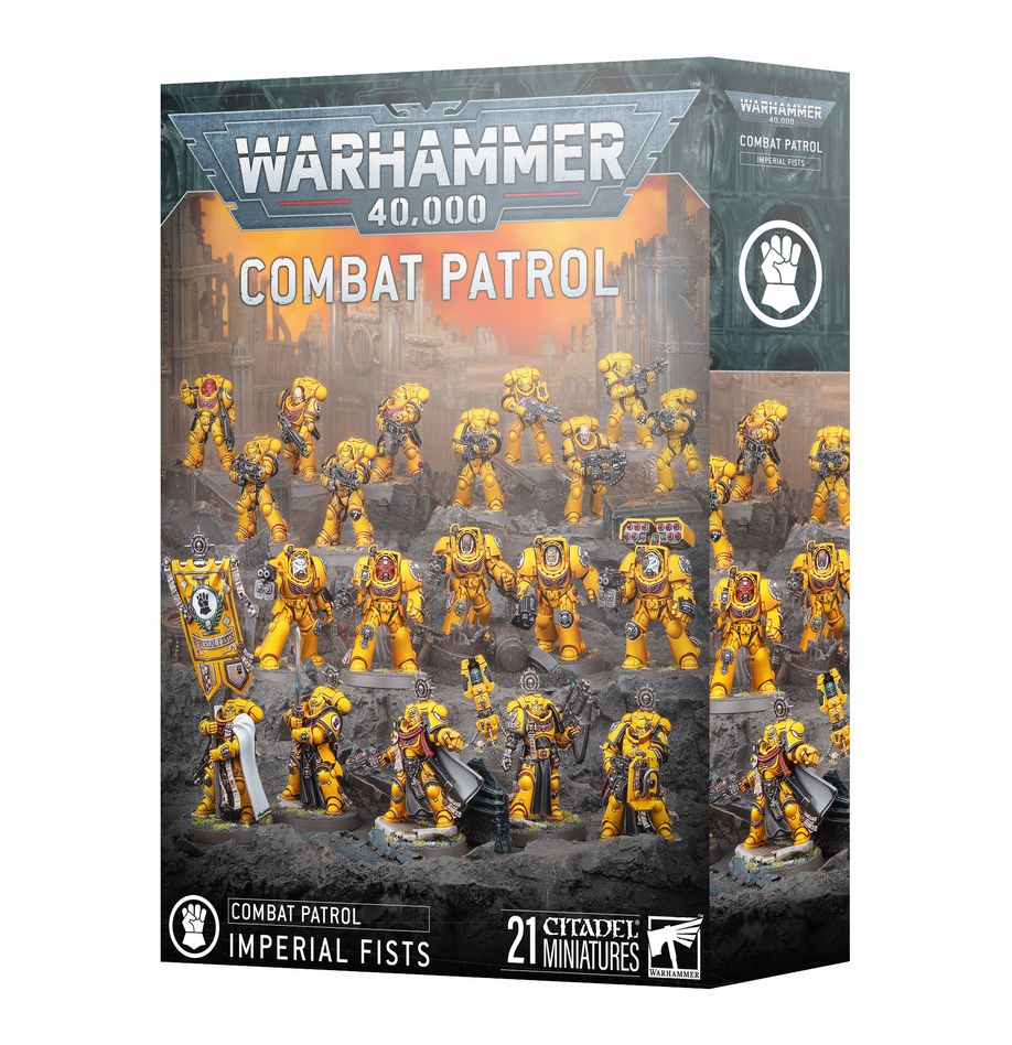 COMBAT PATROL: IMPERIAL FISTS WARHAMMER 40000. Los Puños Imperiales son conocidos por su estoica determinación y su dominio de la guerra de asedio, y por construir bastiones impenetrables. Prefieren el blindaje pesado y las líneas eficientes, negándose a ceder un milímetro de terreno por fuerte que sea la presión del enemigo. Si quieres defender con estoicismo el Imperium, esta caja es perfecta para empezar o ampliar una colección de Puños Imperiales de forma más económica que comprando los kits por separado. Liderados por un heroico Capitán y su escuadra de élite de Héroes de la Compañía, los Intercesores Pesados y los Exterminadores atraviesan el fuego enemigo más intenso. Una escuadra de Intercesores despacha cualquier resistencia que quede y toma objetivos clave. Estas 21 miniaturas de plástico representan una fuerza completa de Puños Imperiales para usar en disputadas partidas tácticas del formato Patrulla de Warhammer 40,000. Puedes descargar de forma gratuita las reglas de esta Patrulla del sitio web de Warhammer Community.