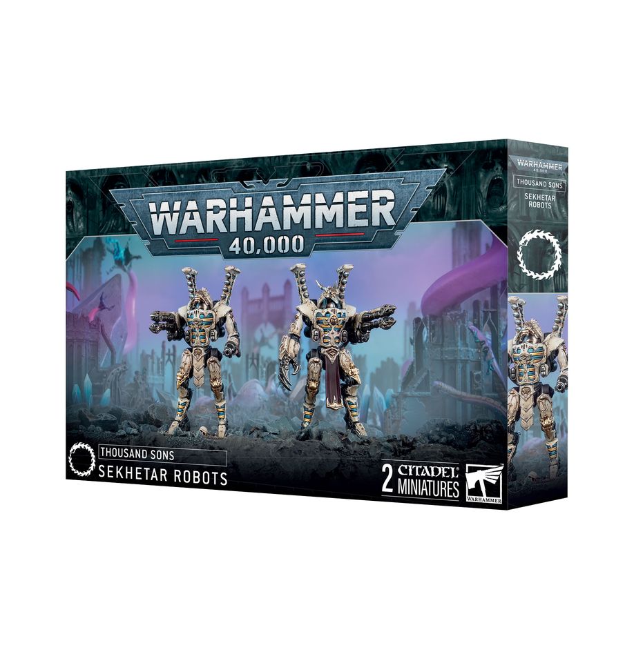 Robots sekhtar thousand sons warhammer 40000. Los maestros hechiceros emplean los robots sekhetar como centinelas proféticos para proteger lugares de poder o acechar a intrusos desprevenidos. Estos autómatas, ocultos con hechizos de ilusión y ofuscación, esperan el momento de activar sus armas arcanas y arrojar chorros de energía empírea y misiles hechiceros contra el enemigo. Con este kit multicomponente de plástico puedes montar dos robots sekhetar, poderosos autómatas de batalla para tus ejércitos de mil hijos de warhammer 40,000. Estos imponentes constructos mecánicos están equipados con lanzallamas pesados disformes y baterías fuego infernal. También están armados con un rifle de fusión piroflujo, que puede reemplazarse por un proyector de llamas disformes y una garra de energía. Son ideales para proteger objetivos clave, manteniendo fácilmente a raya a los guerreros enemigos con su letal potencia de fuego. El kit contiene 40 piezas de plástico y 2 peanas redondas citadel de 40 mm. Las miniaturas se proporcionan sin montar ni pintar. Recomendamos usar pegamento para plástico citadel y pinturas citadel colour.