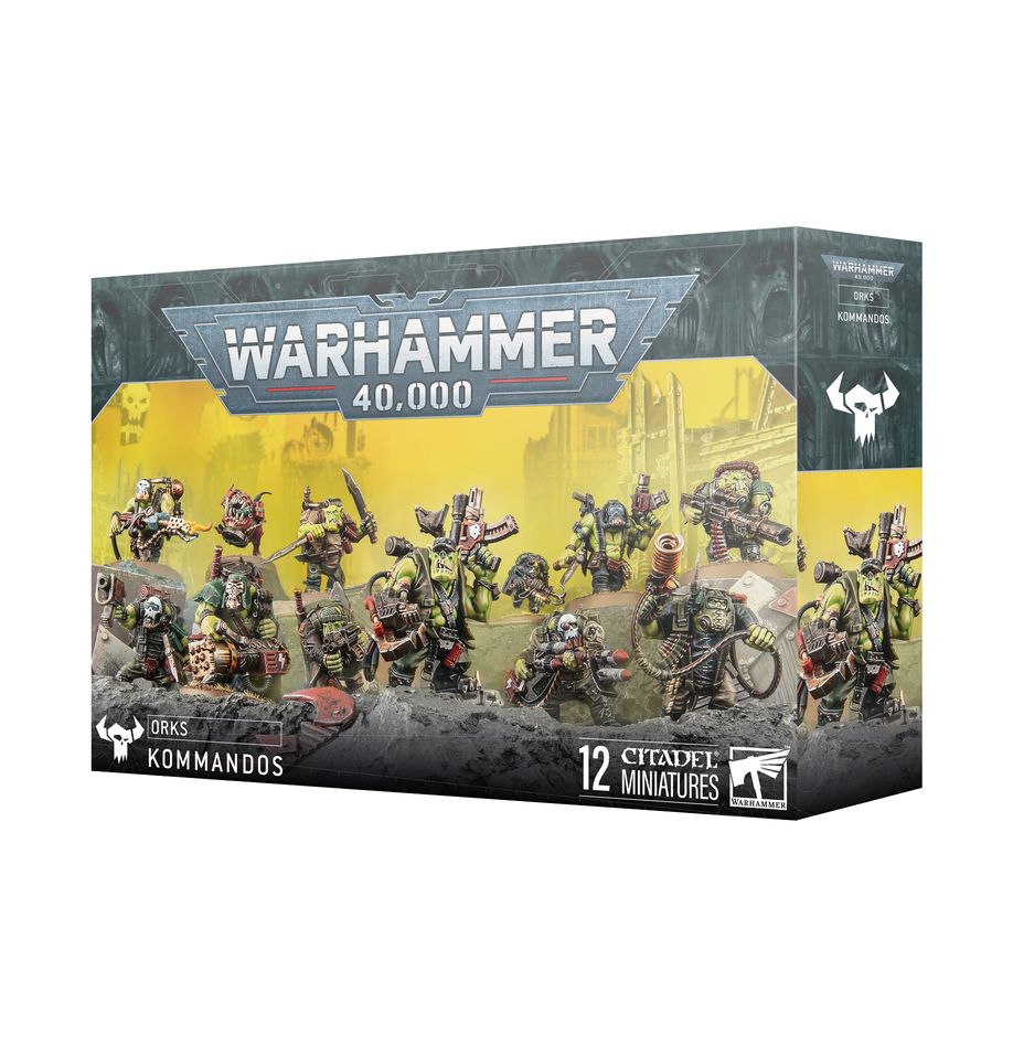 KOMMANDOS WARHAMMER 40000. Todos los Orkos de bien desconfían de los Komandoz: acechan sigilosamente al enemigo en vez de cargar de frente, y sienten una fascinación malsana por los cuchillos grandes y su aplicación en las espaldas, gargantas y tripas de la gente. Dicho esto, que una banda de Komandoz embosque al enemigo en mitad de una batalla sin duda tiene su utilidad. Con este kit multicomponente de plástico puedes montar 12 Komandoz, tipejoz ezkurridizoz para tus ejércitos de Orkos de Warhammer 40,000. A diferencia de los Orkos normales, hacen valer su sigilo para acechar al enemigo y asesinarlo a sangre fría, ofreciendo nuevas opciones tácticas a los Kaudillos más astutos (aunque no por ello menos brutales). Este kit altamente personalizable te permite montar 9 Komandoz armados con piztola y rebanadora, un Noble Jefazo, un Garrapato bomba y un Grot de diztrakzión. La caja trae un montón de opciones de montaje para que personalices tus miniaturas, así como bolsas de munición, granadas, cuchillos y armas enfundados, y hasta opciones de cabeza para algunos Komandoz.