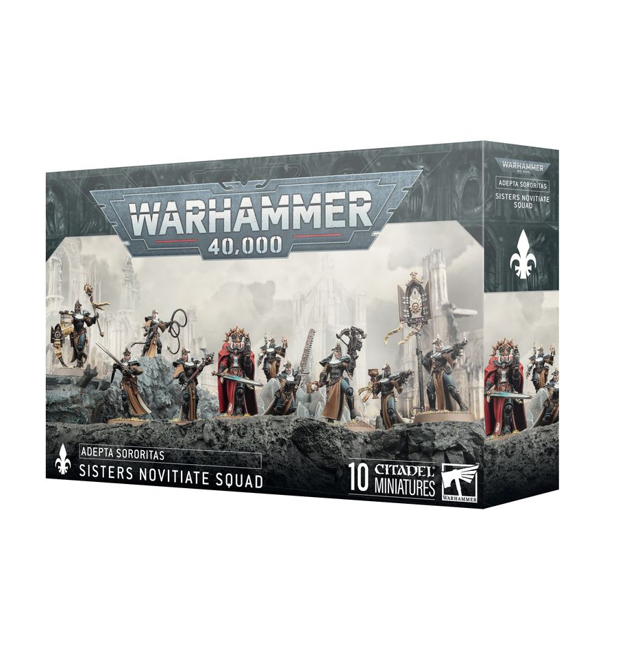 SISTERS NOVITIATE SQUAD WARHAMMER 40000. Las Hermanas Novicias son jóvenes reclutas de las Adepta Sororitas que han sido entrenadas por los Abades Instructores de las Schola Progenium y asignadas a una Orden Militante para adquirir experiencia en combate y demostrar su valía en el crisol de la guerra. Con este kit multicomponente de plástico puedes montar 10 Hermanas Novicias, guerreras inexpertas pero letales para tus ejércitos de Adepta Sororitas de Warhammer 40,000. Son activos vitales para las Hermanas de Batalla, ideales para ocupar y mantener objetivos. El kit es altamente personalizable y te permite equiparlas con rifles automáticos o con espadas y pistolas. Lideradas por una Novicia Superiora en servoarmadura, son más contundentes de lo que parece y ofrecen nuevas opciones tácticas para tu ejército de Adepta Sororitas.