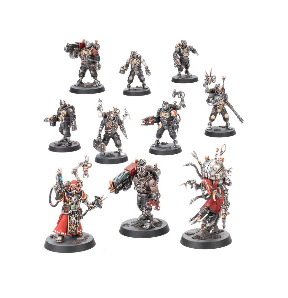 Kill team: battleclade warhammer 40000. Las clados de batalla son equipos de servidores de combate liderados por un tecnoarqueólogo y diseñados para asistirle en misiones peligrosas pero cruciales. Cuentan con aumentos especializados de la más alta calidad, y sus sistemas de armamento y auxiliares les permiten hacer frente a cualquier cosa que el enemigo les lance. No se detendrán ante nada para completar la misión para la que han sido creados. Con este kit multicomponente de plástico puedes montar 10 miniaturas de un clado de batalla que pueden usarse como eficientes agentes especialistas en partidas de kill team o en ejércitos del adeptus mechanicus de warhammer 40,000. El kit incluye brazos con armas intercambiables y diferentes cabezas para personalizar tu comando, además de componentes para montar especialistas como un supervisor de servidores encargado de reprogramarlos, un tosco servidor tecnomédico y un servidor autotransmisor para la retransmisión de datos, entre otros.