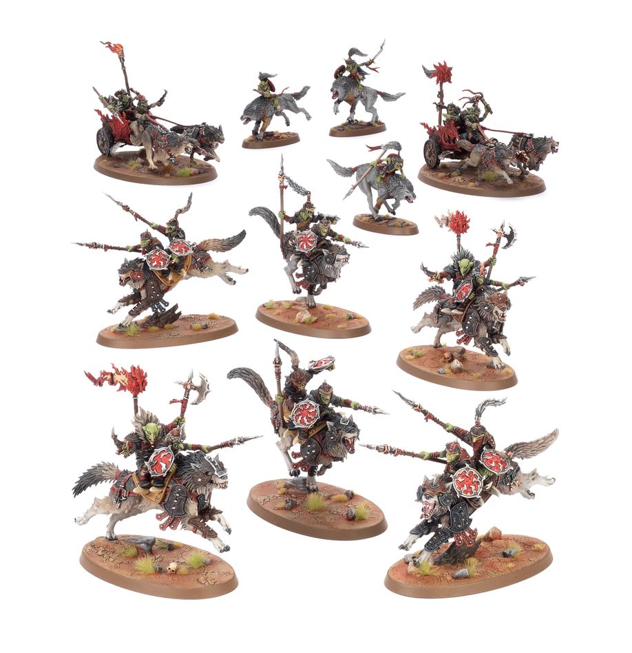 Spearhead: gloomspite gitz – snarlpck huntaz warhammer age of sigmar. Cuando marcha en busca de nuevas tierras para su manada, un jefe gruñón cabalga a la cabeza de una selecta expedición conocida como gruñemanada de kazadorez. Un leal zékito de kabalgaloboz acompaña a su jefe junto a gruñemanadaz de caballería y karrobramantez robazolez. Golpean con presura en un frenesí de lanzas, garras y colmillos. Si quieres conquistar los reinos mortales bajo la atenta mirada de fatigaz karabrillante, esta caja es la forma perfecta de empezar o ampliar un ejército de tipejoz nokturnoz de forma más económica que comprando los kits por separado. Liderados por un maligno jefe gruñón en lobo y su zékito de kabalgaloboz, esta fuerza es vertiginosamente veloz. La agresiva gruñemanada de caballería avanza con presteza para tomar objetivos y debilitar a las unidades enemigas mientras los karrobramantez robazolez se abren paso despedazando a los blancos más duros. Estas miniaturas forman una punta de lanza completa, lo que significa que podrás ponerte a disputar reñidas partidas tácticas y reclamar nuevos territorios nada más abrir la caja.