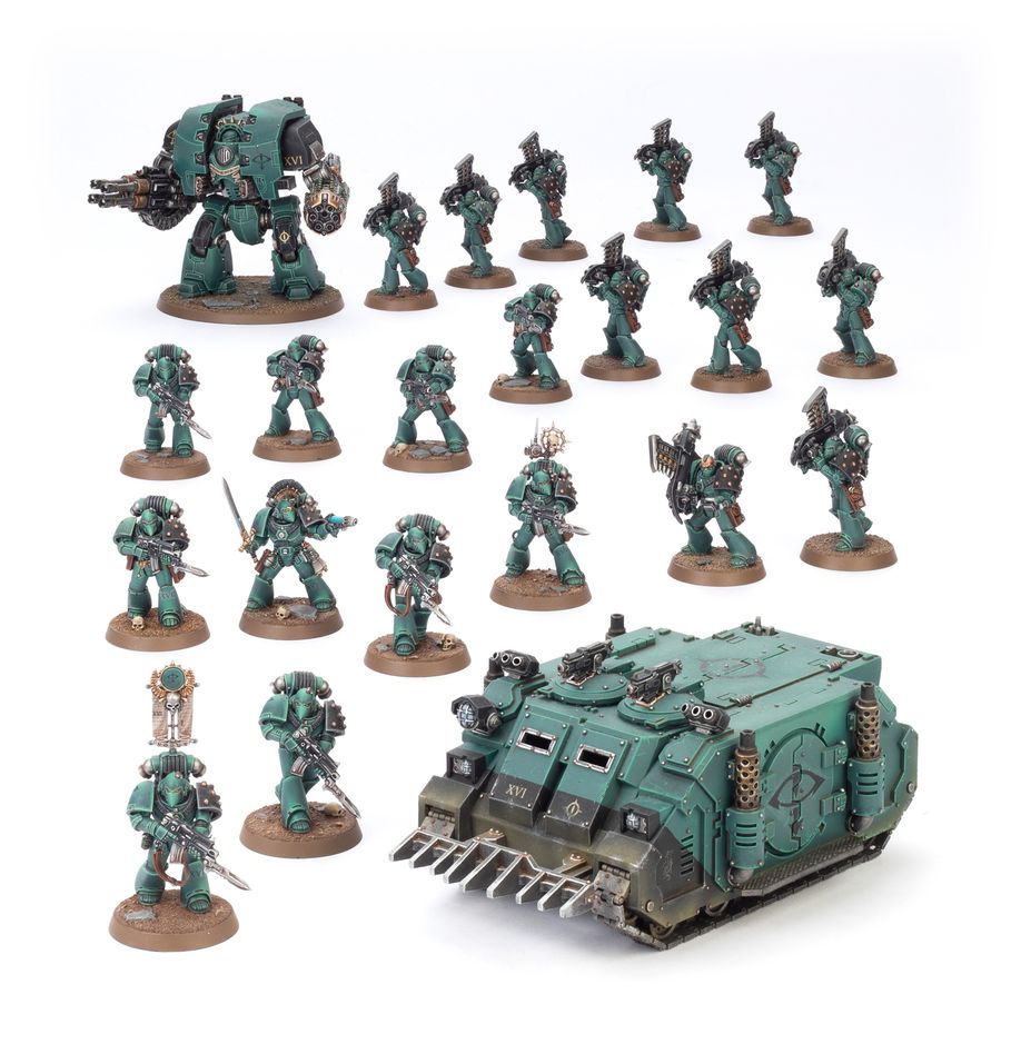 Legiones astartes: combat force warhammer the horus heresy. Las fuerzas de las legiones astartes se forman alrededor de un núcleo de infantería de élite. Equipados con servoarmaduras y armas que pueden acabar con cualquier enemigo, golpean con una fuerza implacable. Con el apoyo de poderosos dreadnoughts y otros ingenios de guerra, hay pocas cosas a las que no puedan hacer frente. Si quieres reclamar la galaxia en nombre del emperador (o acabar con él en nombre de horus), esta caja es perfecta para empezar o ampliar una colección de legiones astartes de forma más económica que comprando los kits por separado. Incluye dos escuadras de legionaries ataviados con avanzadas servoarmaduras mkvi: una tactical squad armada con bolters, y una heavy support squad armada con missile launchers o heavy bolters. Cualquiera de las dos unidades puede embarcarse en el deimos pattern rhino para desplegar con rapidez. La fuerza la completa un enorme leviathan dreadnought equipado con devastadoras armas a distancia.