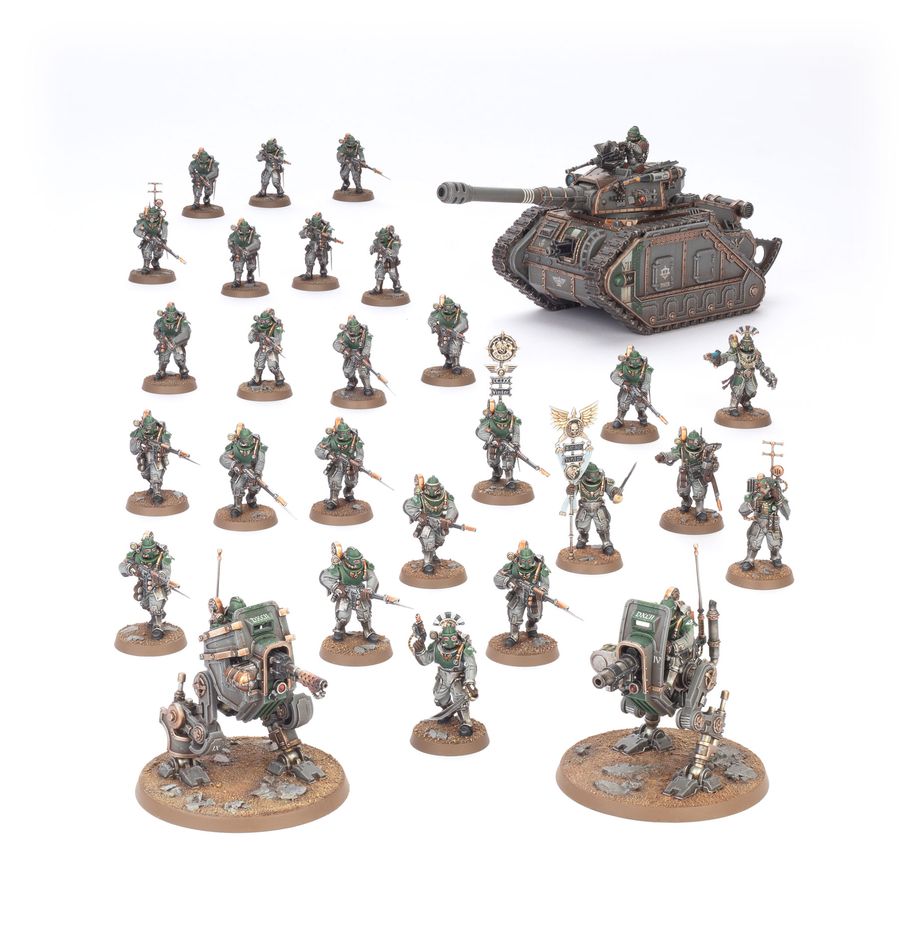 Solar auxilia: combat force warhammer the horus heresy. La solar auxilia es una fuerza de combate de élite que confía en su superioridad numérica, tanto de infantería como de blindados pesados, para desgastar y eliminar a sus enemigos. Su equipo y accesorios están diseñados para luchar tanto en el vacío del espacio como en superficies planetarias, completamente sellados para protegerse del entorno, por hostil que sea. Si quieres mantener la línea para proteger al emperador o unirte a la marcha para derrocarlo, esta caja es perfecta para empezar o ampliar una colección de la solar auxilia de forma más económica que comprando los kits por separado. Dentro encontrarás una lasrifle section, excelente para mantener objetivos y controlar el campo de batalla. Una tactical command section los dirige en la batalla mientras los veloces hermes sentinels flanquean al enemigo. Un formidable leman russ strike tank proporciona fuego pesado de apoyo, forzando a tus enemigos a mantener la cabeza agachada con sus continuas andanadas.