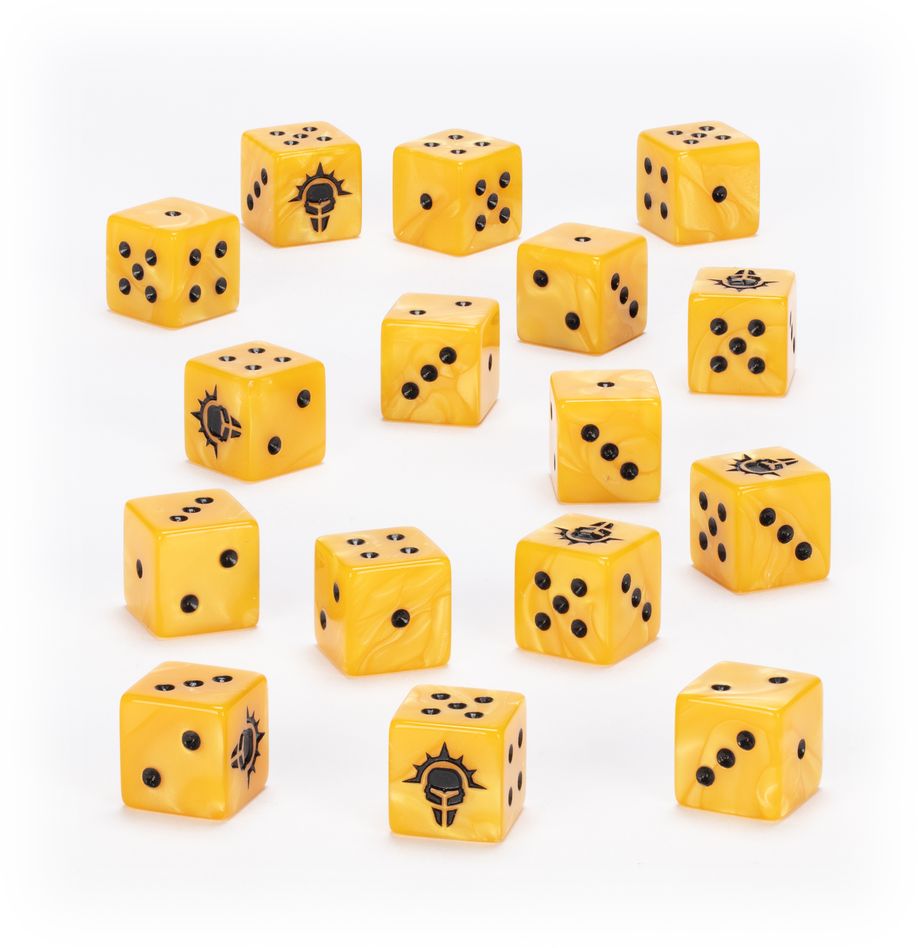 Imperial knights dice warhammer 40000. Tu enemigo se estremecerá ante el resonar de las pisadas y los cuernos de guerra de tus caballeros imperiales… o su amarga derrota se convertirá en una valiosa lección. Un juego de 16 dados de seis caras con esquinas cuadradas para usar en partidas de warhammer 40,000, con la temática de los caballeros imperiales. Están fabricados en plástico acrílico de color amarillo con efecto perlado y muescas en tinta negra, y miden 16 mm de arista. Las caras del 1 al 5 presentan los tradicionales puntos y la cara del 6 luce el elaborado icono del casco de los caballeros imperiales.