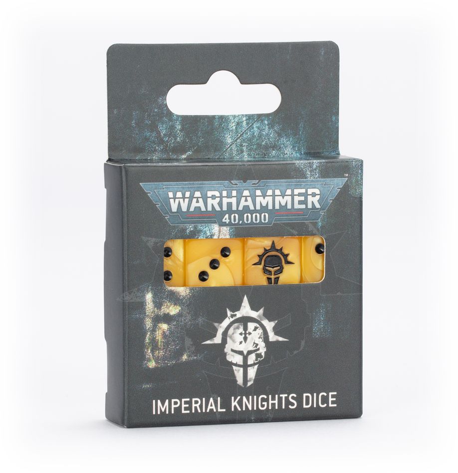 Imperial knights dice warhammer 40000. Tu enemigo se estremecerá ante el resonar de las pisadas y los cuernos de guerra de tus caballeros imperiales… o su amarga derrota se convertirá en una valiosa lección. Un juego de 16 dados de seis caras con esquinas cuadradas para usar en partidas de warhammer 40,000, con la temática de los caballeros imperiales. Están fabricados en plástico acrílico de color amarillo con efecto perlado y muescas en tinta negra, y miden 16 mm de arista. Las caras del 1 al 5 presentan los tradicionales puntos y la cara del 6 luce el elaborado icono del casco de los caballeros imperiales.