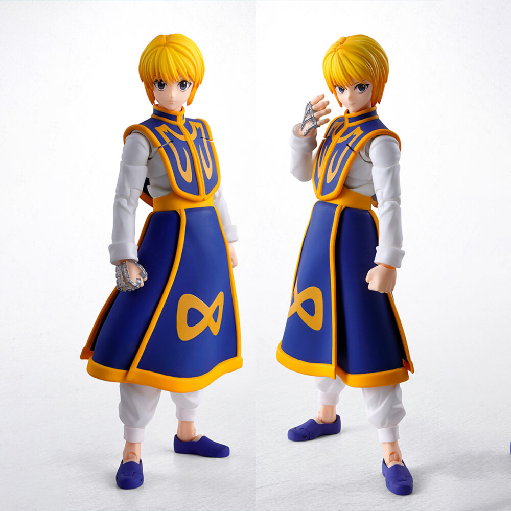 KURAPIKA HUNTER X HUNTER SH FIGUARTS. Tamashii Nations suma a la colección S.H.Figuarts la figura de Kurapika, inspirada en su personaje del anime "Hunter X Hunter". Esta figura mide unos 15 cm y está realizada en PVC y ABS. Incluye 2x manos izquierdas, 2x manos derechas, 4x placas faciales (ojos normales y con ojos escarlata) y varias manos intercambiables para reproducir las habilidades Nen: Cadena Santa, Cárcel de Cadenas, Cadena de Radiestesia y Cadena del Juicio. Gracias a estas piezas se pueden recrear sus combates más icónicos de la serie. Su expresión facial ha sido cuidadosamente diseñada, con el cabello pintado con pincel para acabado más realista. Su falda está formada por 3 piezas, permitiendo un mayor rango de movimiento. Ideal para exponer con LEORIO HUNTER X HUNTER SH FIGUARTS (se venden por separado). UNIDADES LIMITADAS.