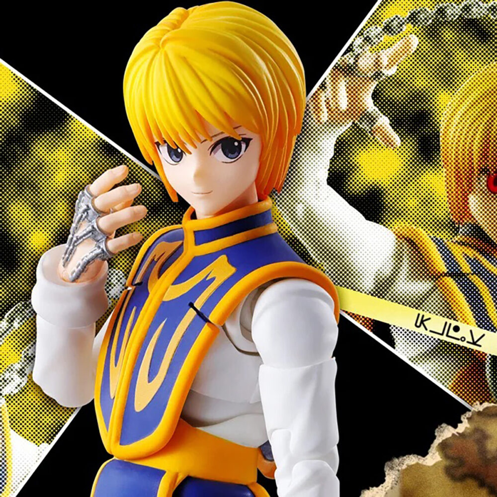Kurapika hunter x hunter sh figuarts. Tamashii nations suma a la colección s. H. Figuarts la figura de kurapika, inspirada en su personaje del anime "hunter x hunter". Esta figura mide unos 15 cm y está realizada en pvc y abs. Incluye 2x manos izquierdas, 2x manos derechas, 4x placas faciales (ojos normales y con ojos escarlata) y varias manos intercambiables para reproducir las habilidades nen: cadena santa, cárcel de cadenas, cadena de radiestesia y cadena del juicio. Gracias a estas piezas se pueden recrear sus combates más icónicos de la serie. Su expresión facial ha sido cuidadosamente diseñada, con el cabello pintado con pincel para acabado más realista. Su falda está formada por 3 piezas, permitiendo un mayor rango de movimiento. Ideal para exponer con leorio hunter x hunter sh figuarts (se venden por separado). Unidades limitadas.