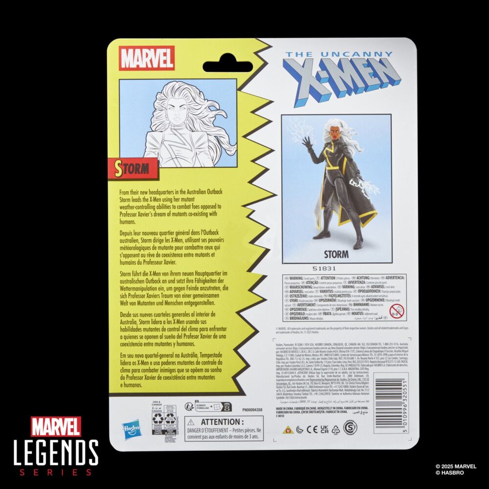 Strom x-men marvel legends series. Hasbro añade a su línea marvel legends series la figura de storm, una de las mutantes más poderosas del universo marvel, inspirada en el aspecto que lucía en los comics cuando la patrulla-x estuvo refugiada en el interior de australia. Esta figura mide 15 cm y presenta un diseño premium con más de 20 puntos de articulación que le proporcionan un amplio rango de movilidad. Incluye 2x puños alternativos, 2x manos con efectos de rayos y 1x capa de tela que permite recrear poses dinámicas. Se presenta en embalaje tipo blíster con diseño retro. Unidades limitadas.