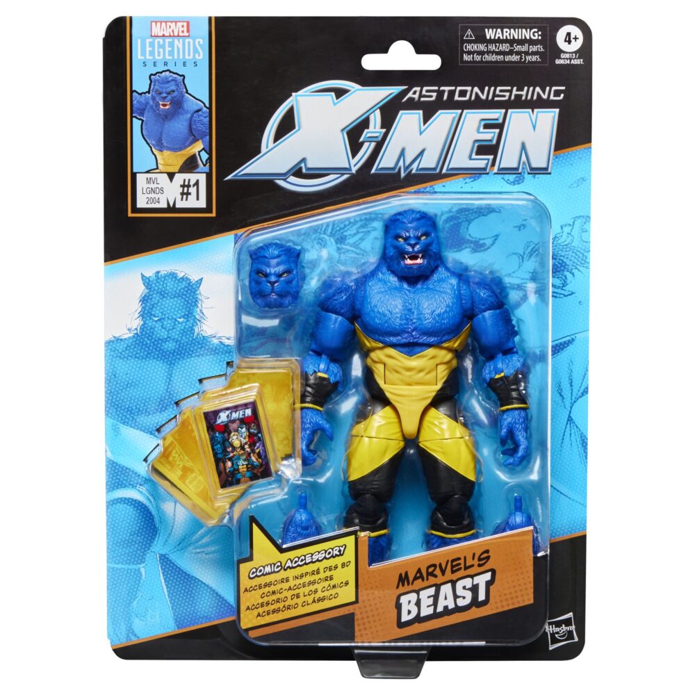 BEAST X-MEN ASTONISHING MARVEL LEGENDS SERIES. Se une a la línea Marvel Legends Series la figura del mutante Bestia. Mide 15 cm y cuenta con más de 20 puntos de articulación. Está inspirada en su apariencia en los cómics "Astonishing X-Men". Incluye 1x cabeza alternativa, 1x par de manos extras y 1x réplica a escala del cómic con la portada de "Astonishing X-Men Saga" de 2006. Cuenta con más de 20 puntos de articulación para recrear poses dinámicas. Se presenta en un blíster ilustrado estilo retro. UNIDADES LIMITADAS