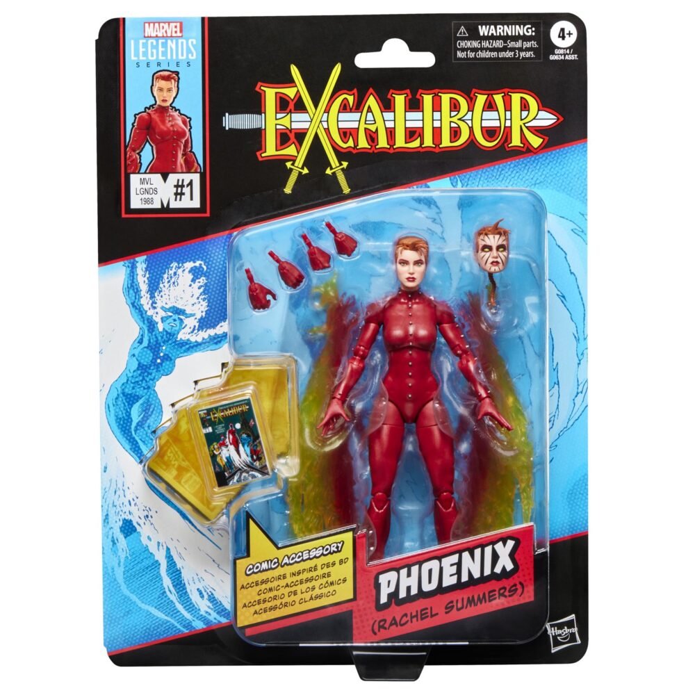 PHOENIX RACHEL SUMMERS EXCALIBUR MARVEL LEGENDS SERIES. Hasbro presenta en su colección Marvel Legends Series la figura de Rachel Summers como Fénix, inspirada en su aspecto en los cómics de "Excalibur". La figura mide 15 cm e incluye 1x réplica a escala del cómic con la portada de "Excalibur #1"de 1998, 4x manos intercambiables, 1x cabeza alternativa y 2x efectos de alas de fuego para recrear su transformación en Fuerza Fénix. Cuenta con más de 20 puntos de articulación para recrear diversas escenas. Se presenta en un blíster ilustrado estilo retro. UNIDADES LIMITADAS.