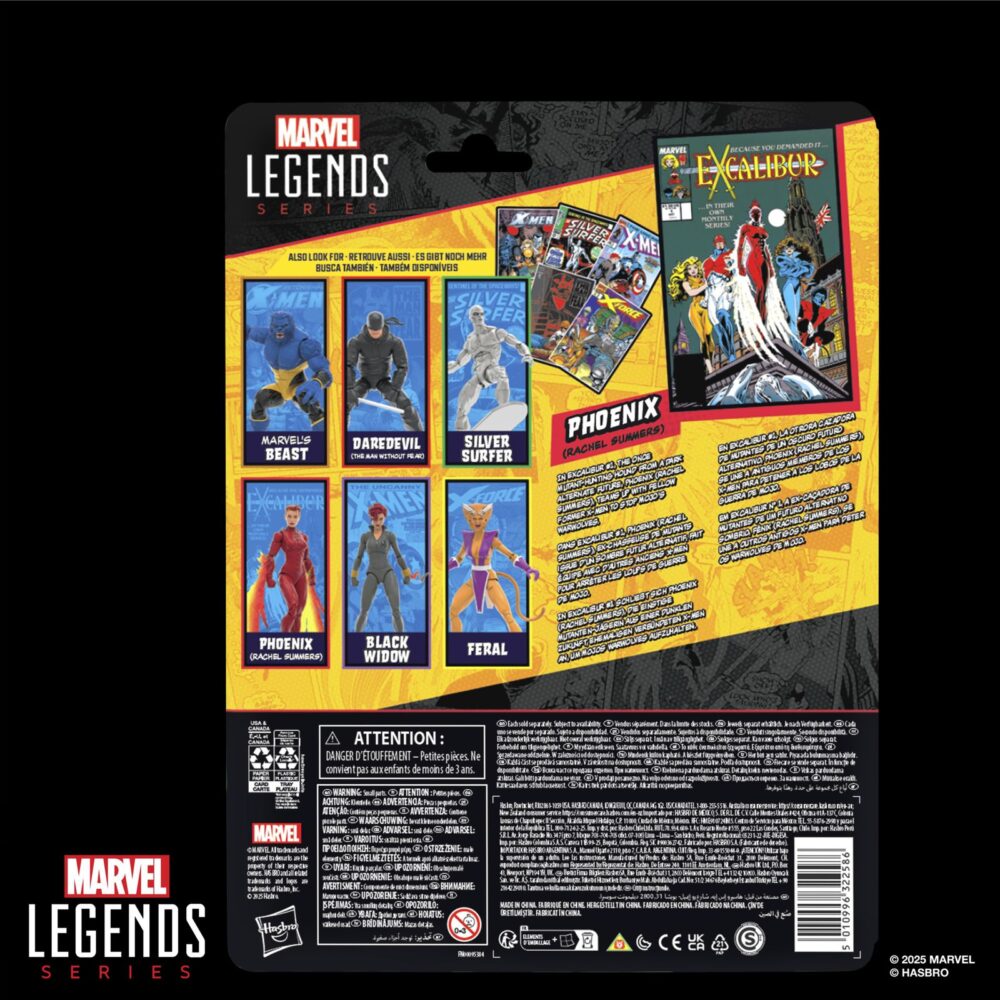 PHOENIX RACHEL SUMMERS EXCALIBUR MARVEL LEGENDS SERIES. Hasbro presenta en su colección Marvel Legends Series la figura de Rachel Summers como Fénix, inspirada en su aspecto en los cómics de "Excalibur". La figura mide 15 cm e incluye 1x réplica a escala del cómic con la portada de "Excalibur #1"de 1998, 4x manos intercambiables, 1x cabeza alternativa y 2x efectos de alas de fuego para recrear su transformación en Fuerza Fénix. Cuenta con más de 20 puntos de articulación para recrear diversas escenas. Se presenta en un blíster ilustrado estilo retro. UNIDADES LIMITADAS.