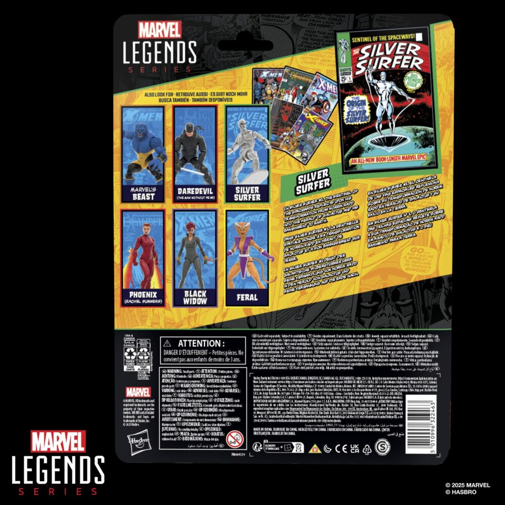 THE SILVER SURFER MARVEL LEGENDS SERIES. Hasbro suma a la línea Marvel Legends Series la figura de Silver Surfer (Estela Plateada en España), basada en su apariencia en el cómic homónimo. La figura mide 15 cm y cuenta con diversos accesories: 4x manos alternativas, 1x tabla de surf espacial y 1x réplica a escala del cómic con la portada de “Silver Surfer #1” de 1968. Gracias a sus más de 20 puntos de articulación, permite exponerla en diversas poses. Se presenta en un blíster ilustrado estilo retro. UNIDADES LIMITADAS.