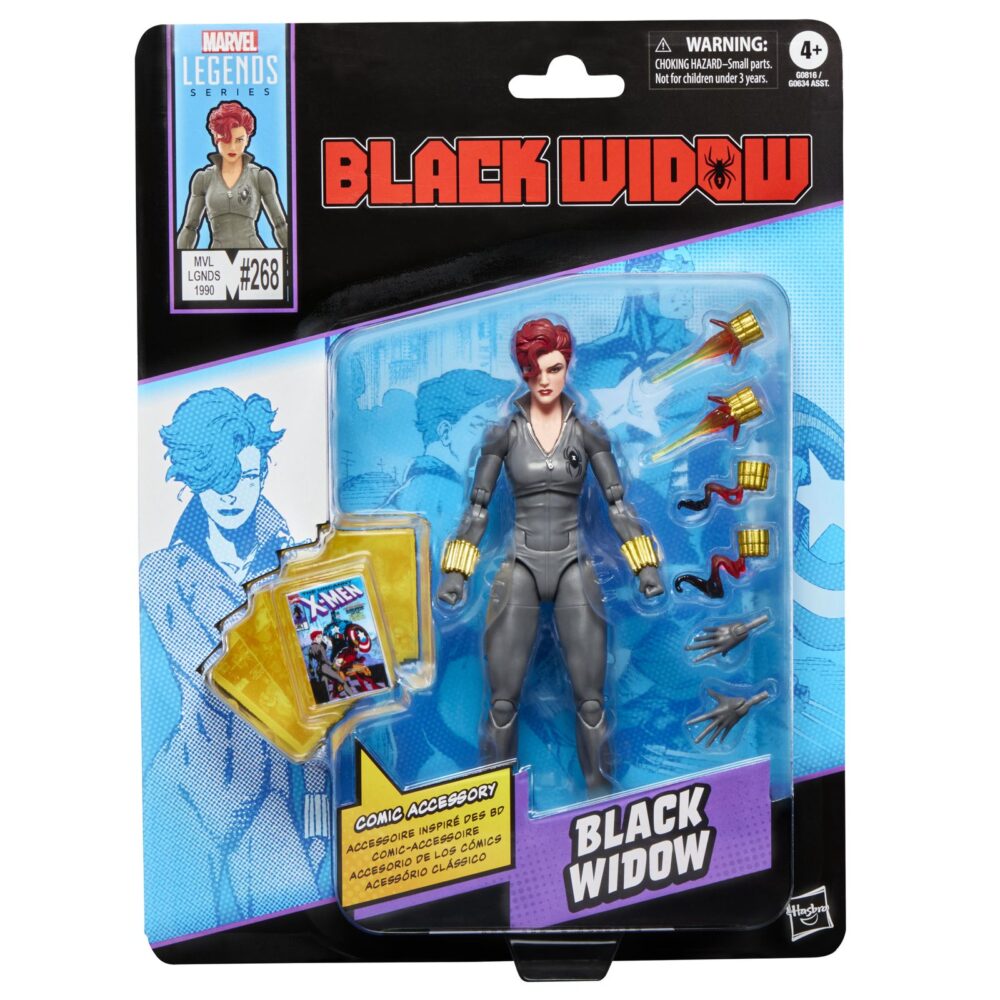 BLACK WIDOW MARVEL LEGENDS SERIES. Hasbro añade a su colección Marvel Legends Series la figura de Viuda Negra, basada en su aparición en un icónico cómic de la colección de "The Uncanny X-Men" en el que hacía equipo con Lobezno y el Capitán América. La figura mide 15 cm y se acompaña de 2x manos alternativas, 2x muñequeras con efecto de combate, 2x muñequeras con efecto de humo y 1x réplica a escala del cómic con la portada de “The Uncanny X-Men #268” de 1990. Su diseño premium y sus más de 20 puntos de articulación permiten reproducir una gran variedad de poses. Se presenta en un blíster ilustrado estilo retro. UNIDADES LIMITADAS.
