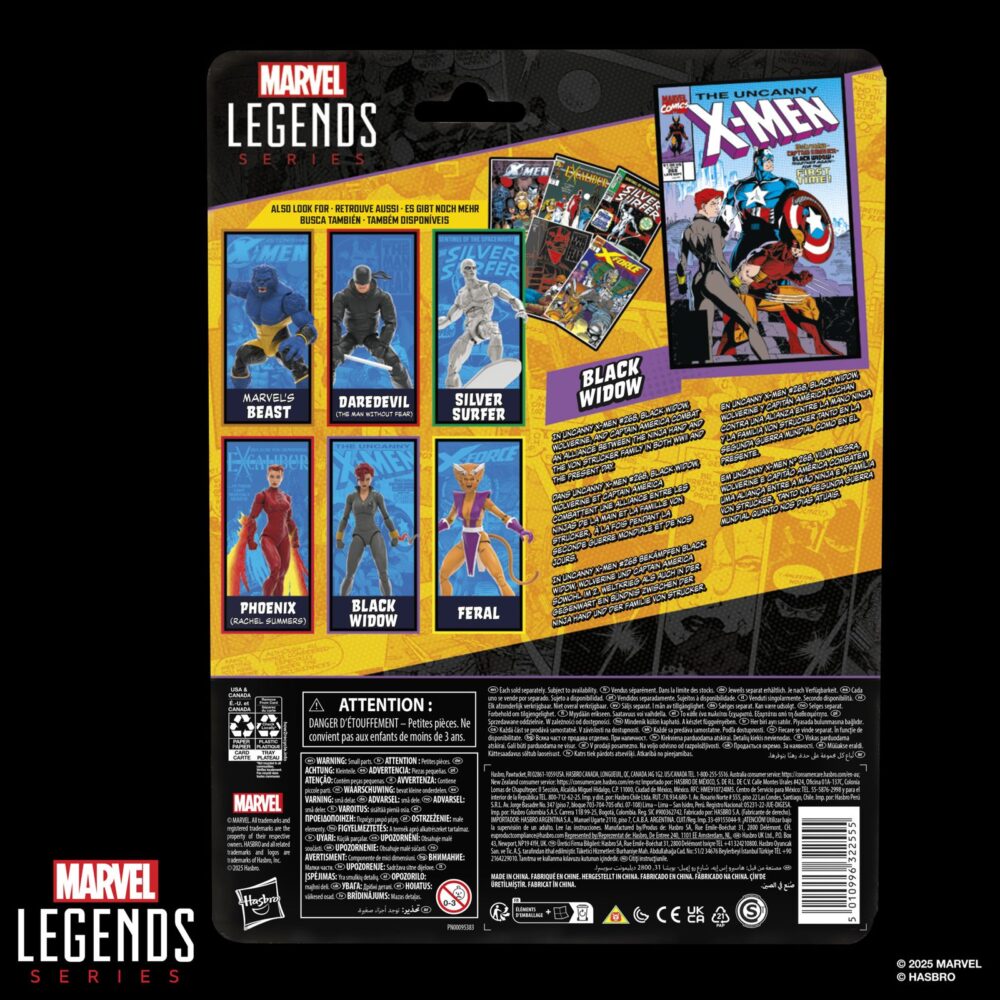 Black widow marvel legends series. Hasbro añade a su colección marvel legends series la figura de viuda negra, basada en su aparición en un icónico cómic de la colección de "the uncanny x-men" en el que hacía equipo con lobezno y el capitán américa. La figura mide 15 cm y se acompaña de 2x manos alternativas, 2x muñequeras con efecto de combate, 2x muñequeras con efecto de humo y 1x réplica a escala del cómic con la portada de “the uncanny x-men #268” de 1990. Su diseño premium y sus más de 20 puntos de articulación permiten reproducir una gran variedad de poses. Se presenta en un blíster ilustrado estilo retro. Unidades limitadas.