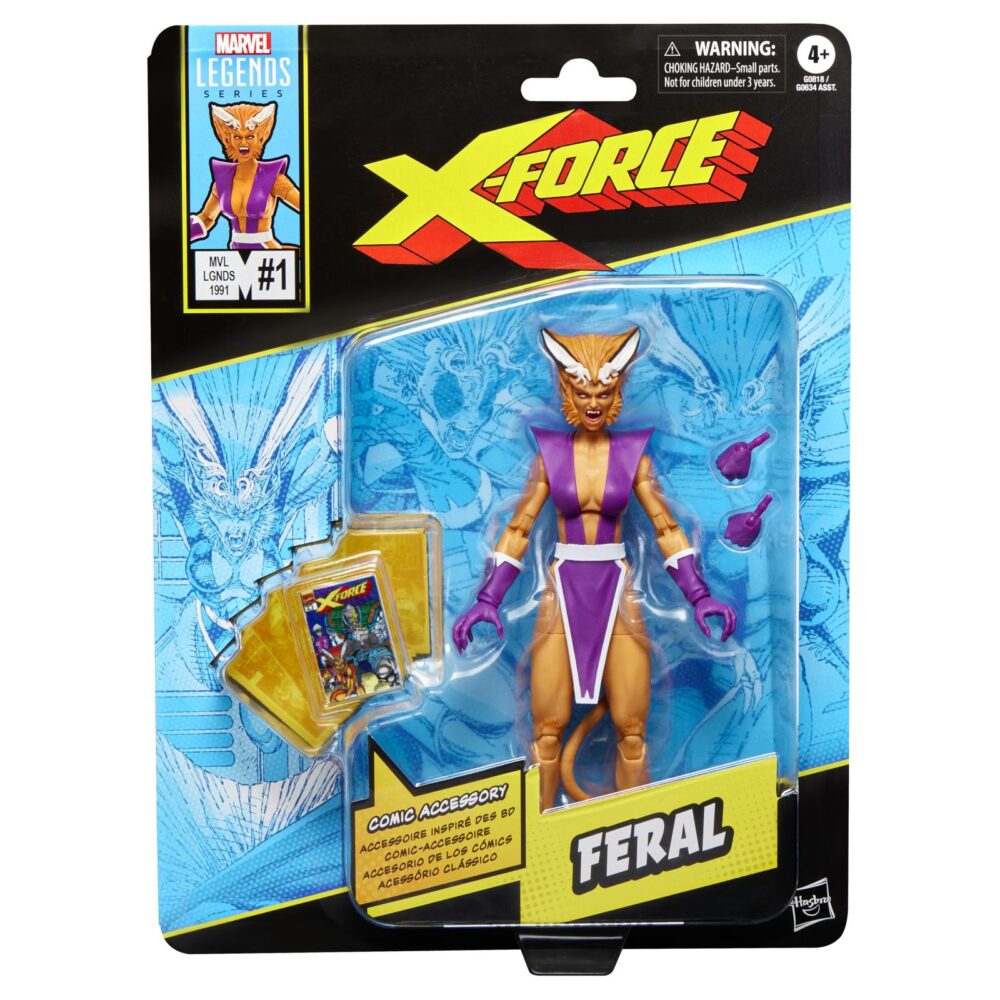 FERAL X-FORCE MARVEL LEGENDS SERIES. Hasbro lanza dentro de la línea Marvel Legends Series la figura de la mutante Feral (Feroz en España), inspirada en su aspecto en el cómic "X-Force". La figura mide 15 cm y cuenta con 2x manos alternativas y 1x réplica a escala del cómic con la portada de “X-Force #1”de 1991. Su acabado premium y más de 20 puntos de articulación permiten exponerla en múltiples poses. Se presenta en un blíster ilustrado estilo retro. UNIDADES LIMITADAS.