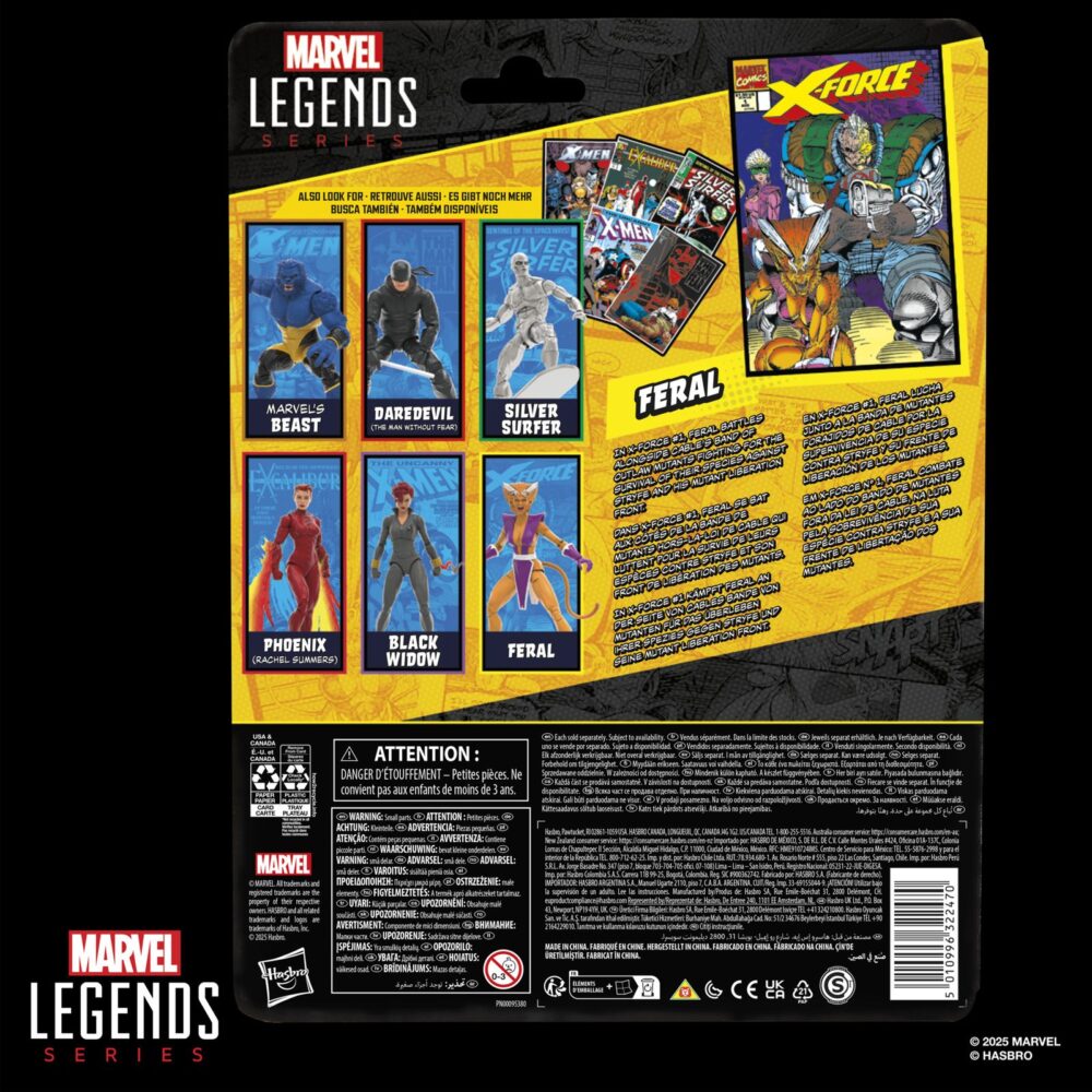 FERAL X-FORCE MARVEL LEGENDS SERIES. Hasbro lanza dentro de la línea Marvel Legends Series la figura de la mutante Feral (Feroz en España), inspirada en su aspecto en el cómic "X-Force". La figura mide 15 cm y cuenta con 2x manos alternativas y 1x réplica a escala del cómic con la portada de “X-Force #1”de 1991. Su acabado premium y más de 20 puntos de articulación permiten exponerla en múltiples poses. Se presenta en un blíster ilustrado estilo retro. UNIDADES LIMITADAS.