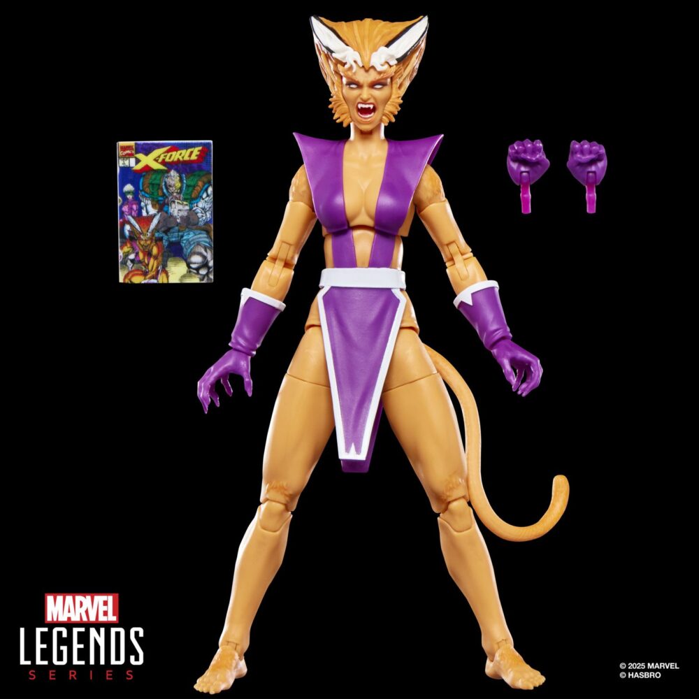 Feral x-force marvel legends series. Hasbro lanza dentro de la línea marvel legends series la figura de la mutante feral (feroz en españa), inspirada en su aspecto en el cómic "x-force". La figura mide 15 cm y cuenta con 2x manos alternativas y 1x réplica a escala del cómic con la portada de “x-force #1”de 1991. Su acabado premium y más de 20 puntos de articulación permiten exponerla en múltiples poses. Se presenta en un blíster ilustrado estilo retro. Unidades limitadas.