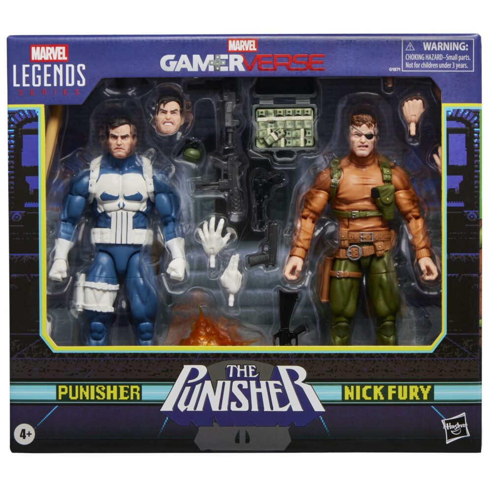 Punisher y nick fury the punisher gamerverse marvel legends series. Hasbro suma a la colección marvel legends series este pack de dos figuras articuladas de punisher y nick fury, tal y como aparecen en el clásico videojuego "the punisher". Cada figura mide aproximadamente 15 cm y está fabricada en abs de alta calidad, con múltiples puntos de articulación para recrear poses dinámicas. Incluye: 1x cabeza alternativa de punisher y 4x manos intercambiables para cada uno de los personajes, 1x bate, 1x maletín con dinero, 1x granada, 6x armas de fuego variadas y 1 x efecto de explosión. Se presenta en una caja ilustrada de edición especial. Unidades limitadas.