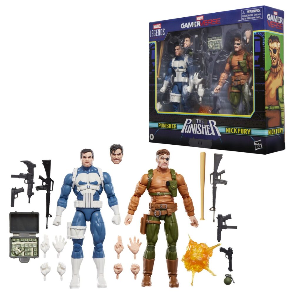 Punisher y nick fury the punisher gamerverse marvel legends series. Hasbro suma a la colección marvel legends series este pack de dos figuras articuladas de punisher y nick fury, tal y como aparecen en el clásico videojuego "the punisher". Cada figura mide aproximadamente 15 cm y está fabricada en abs de alta calidad, con múltiples puntos de articulación para recrear poses dinámicas. Incluye: 1x cabeza alternativa de punisher y 4x manos intercambiables para cada uno de los personajes, 1x bate, 1x maletín con dinero, 1x granada, 6x armas de fuego variadas y 1 x efecto de explosión. Se presenta en una caja ilustrada de edición especial. Unidades limitadas.
