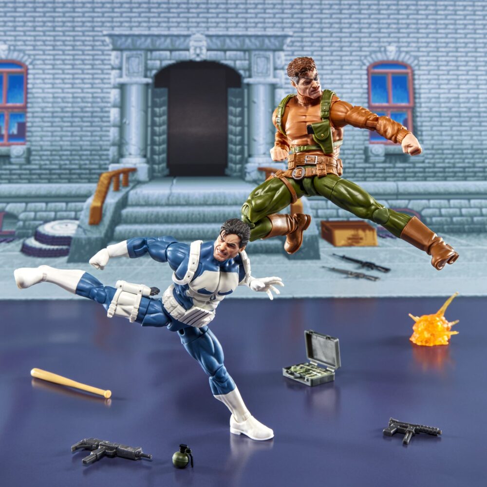 Punisher y nick fury the punisher gamerverse marvel legends series. Hasbro suma a la colección marvel legends series este pack de dos figuras articuladas de punisher y nick fury, tal y como aparecen en el clásico videojuego "the punisher". Cada figura mide aproximadamente 15 cm y está fabricada en abs de alta calidad, con múltiples puntos de articulación para recrear poses dinámicas. Incluye: 1x cabeza alternativa de punisher y 4x manos intercambiables para cada uno de los personajes, 1x bate, 1x maletín con dinero, 1x granada, 6x armas de fuego variadas y 1 x efecto de explosión. Se presenta en una caja ilustrada de edición especial. Unidades limitadas.