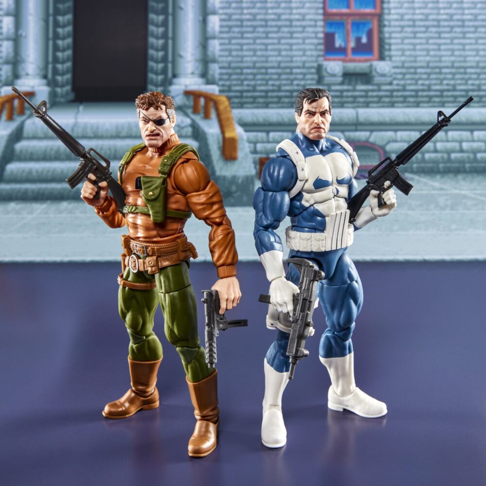 Punisher y nick fury the punisher gamerverse marvel legends series. Hasbro suma a la colección marvel legends series este pack de dos figuras articuladas de punisher y nick fury, tal y como aparecen en el clásico videojuego "the punisher". Cada figura mide aproximadamente 15 cm y está fabricada en abs de alta calidad, con múltiples puntos de articulación para recrear poses dinámicas. Incluye: 1x cabeza alternativa de punisher y 4x manos intercambiables para cada uno de los personajes, 1x bate, 1x maletín con dinero, 1x granada, 6x armas de fuego variadas y 1 x efecto de explosión. Se presenta en una caja ilustrada de edición especial. Unidades limitadas.