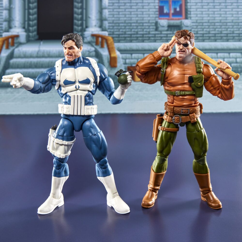 Punisher y nick fury the punisher gamerverse marvel legends series. Hasbro suma a la colección marvel legends series este pack de dos figuras articuladas de punisher y nick fury, tal y como aparecen en el clásico videojuego "the punisher". Cada figura mide aproximadamente 15 cm y está fabricada en abs de alta calidad, con múltiples puntos de articulación para recrear poses dinámicas. Incluye: 1x cabeza alternativa de punisher y 4x manos intercambiables para cada uno de los personajes, 1x bate, 1x maletín con dinero, 1x granada, 6x armas de fuego variadas y 1 x efecto de explosión. Se presenta en una caja ilustrada de edición especial. Unidades limitadas.