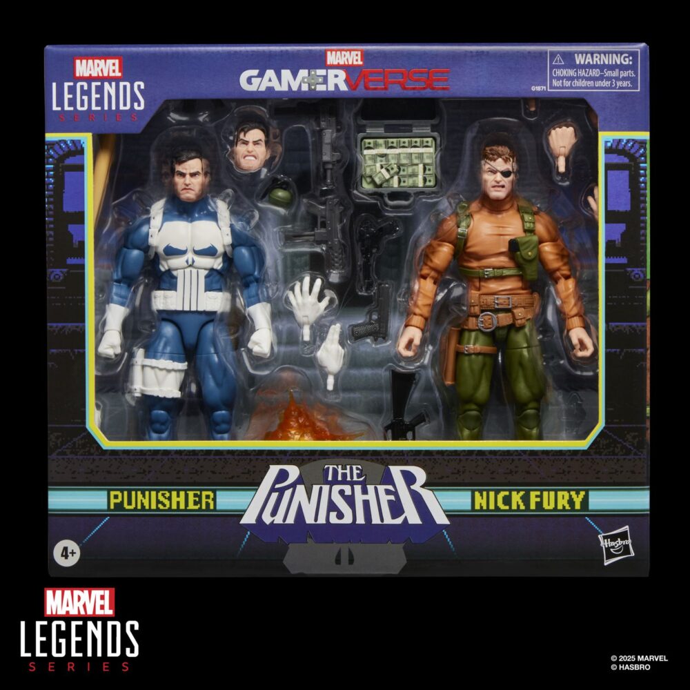 Punisher y nick fury the punisher gamerverse marvel legends series. Hasbro suma a la colección marvel legends series este pack de dos figuras articuladas de punisher y nick fury, tal y como aparecen en el clásico videojuego "the punisher". Cada figura mide aproximadamente 15 cm y está fabricada en abs de alta calidad, con múltiples puntos de articulación para recrear poses dinámicas. Incluye: 1x cabeza alternativa de punisher y 4x manos intercambiables para cada uno de los personajes, 1x bate, 1x maletín con dinero, 1x granada, 6x armas de fuego variadas y 1 x efecto de explosión. Se presenta en una caja ilustrada de edición especial. Unidades limitadas.