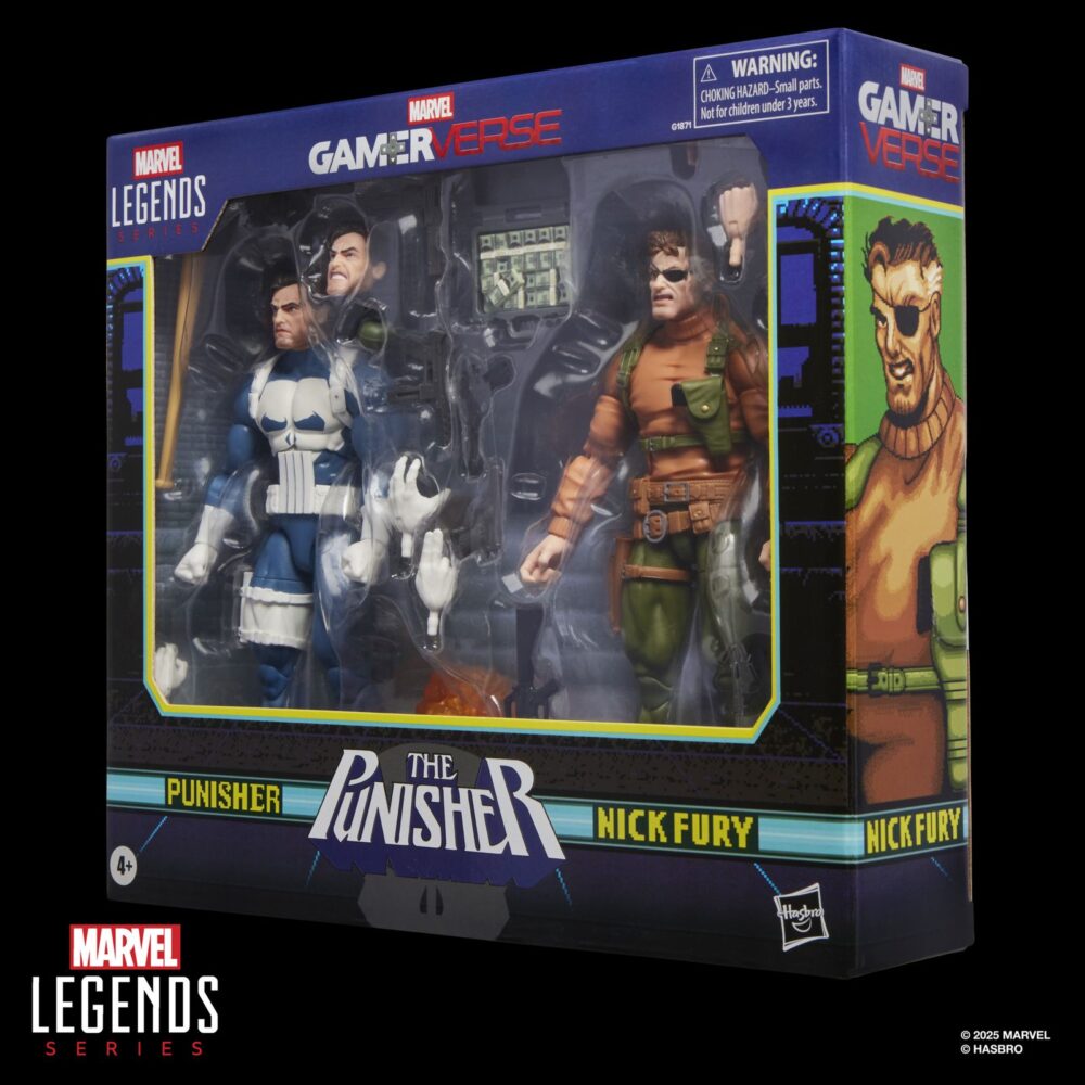 Punisher y nick fury the punisher gamerverse marvel legends series. Hasbro suma a la colección marvel legends series este pack de dos figuras articuladas de punisher y nick fury, tal y como aparecen en el clásico videojuego "the punisher". Cada figura mide aproximadamente 15 cm y está fabricada en abs de alta calidad, con múltiples puntos de articulación para recrear poses dinámicas. Incluye: 1x cabeza alternativa de punisher y 4x manos intercambiables para cada uno de los personajes, 1x bate, 1x maletín con dinero, 1x granada, 6x armas de fuego variadas y 1 x efecto de explosión. Se presenta en una caja ilustrada de edición especial. Unidades limitadas.